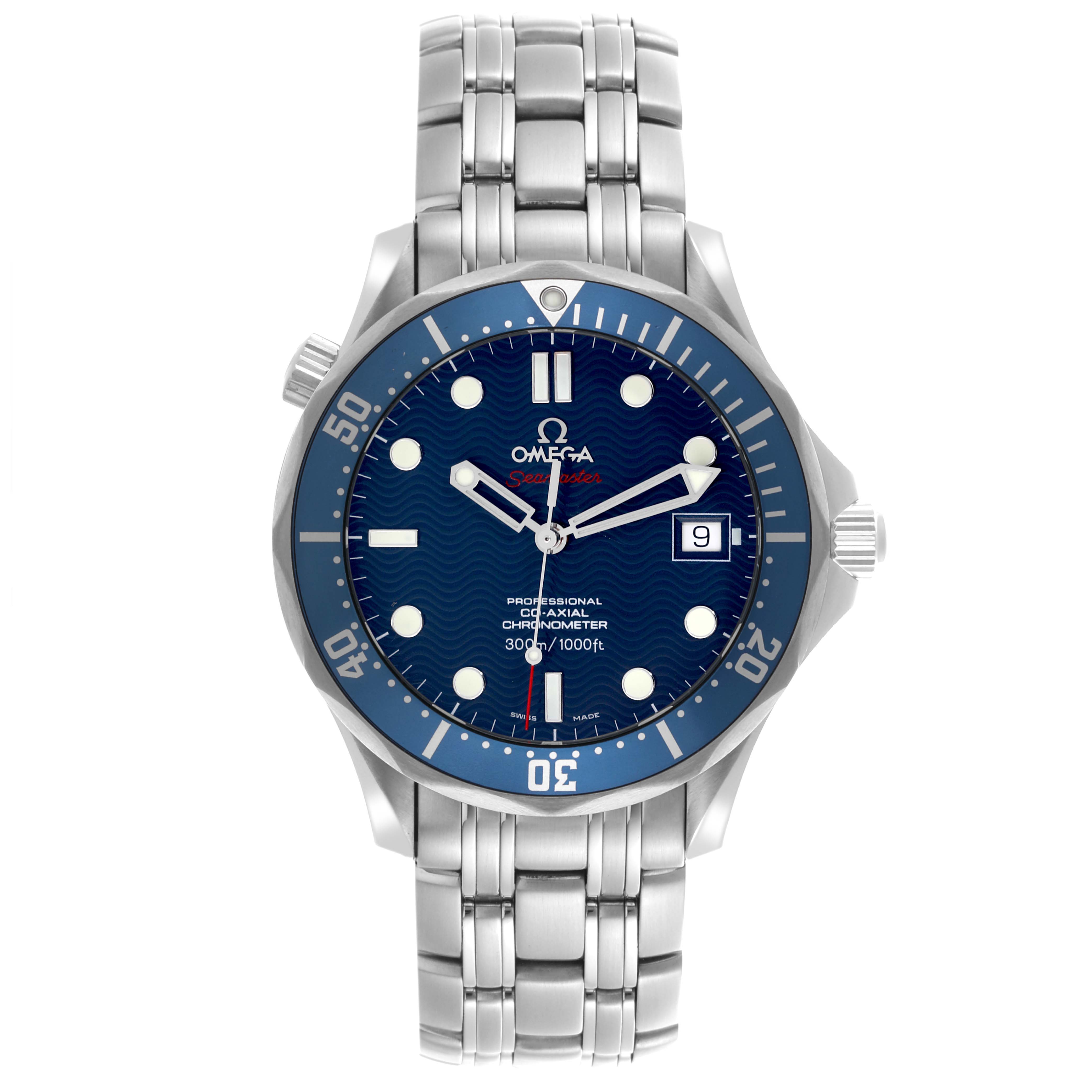 The Omega Seamaster 2220.80.00 Men
s Stainless Steel Blue Dial 2220.80.00 Men
s Stainless Steel Blue Dial is shown from the front, highlighting the dial, bezel, and bracelet.