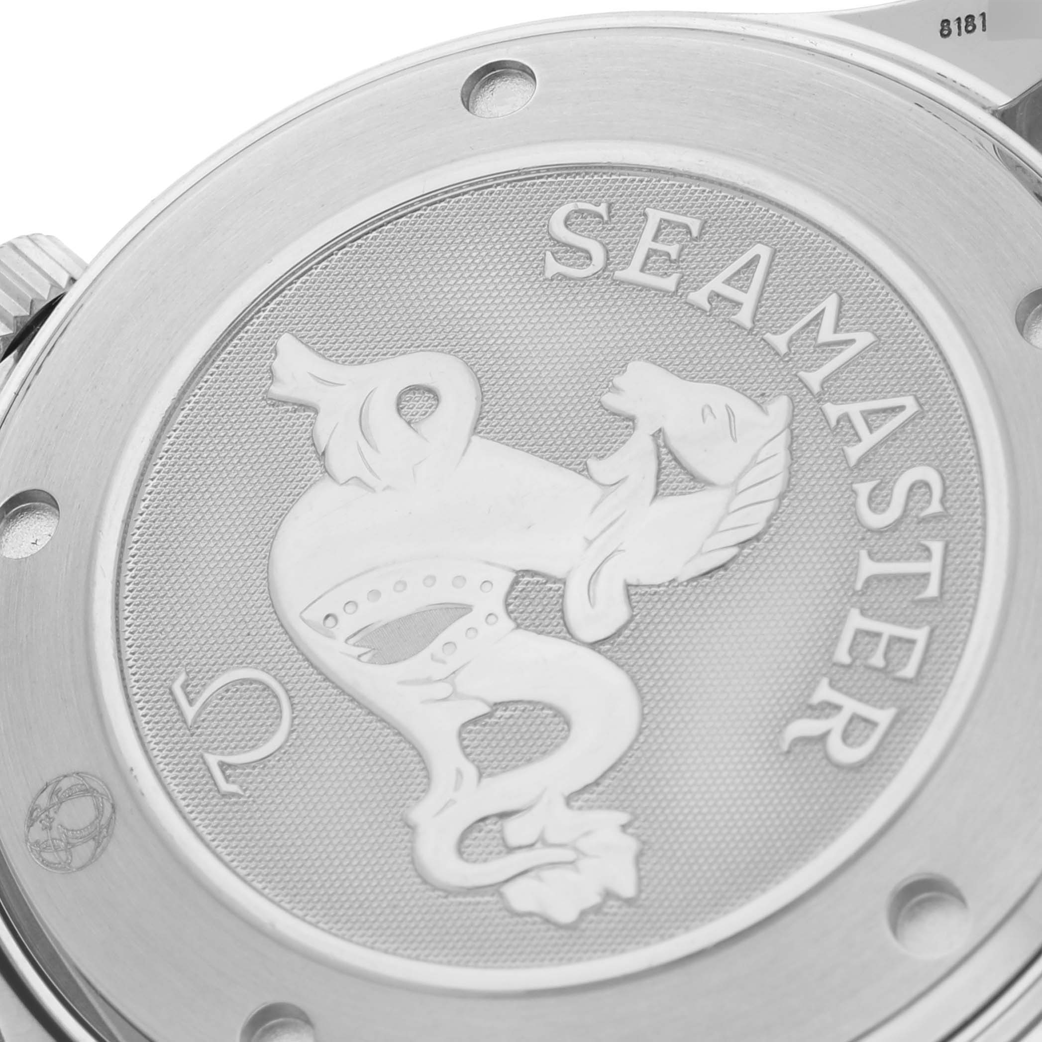 The image shows the engraved case back of an Omega Seamaster 2220.80.00 Men
s Stainless Steel Blue Dial 2220.80.00 Men
s Stainless Steel Blue Dial watch, highlighting the brand logo and design.