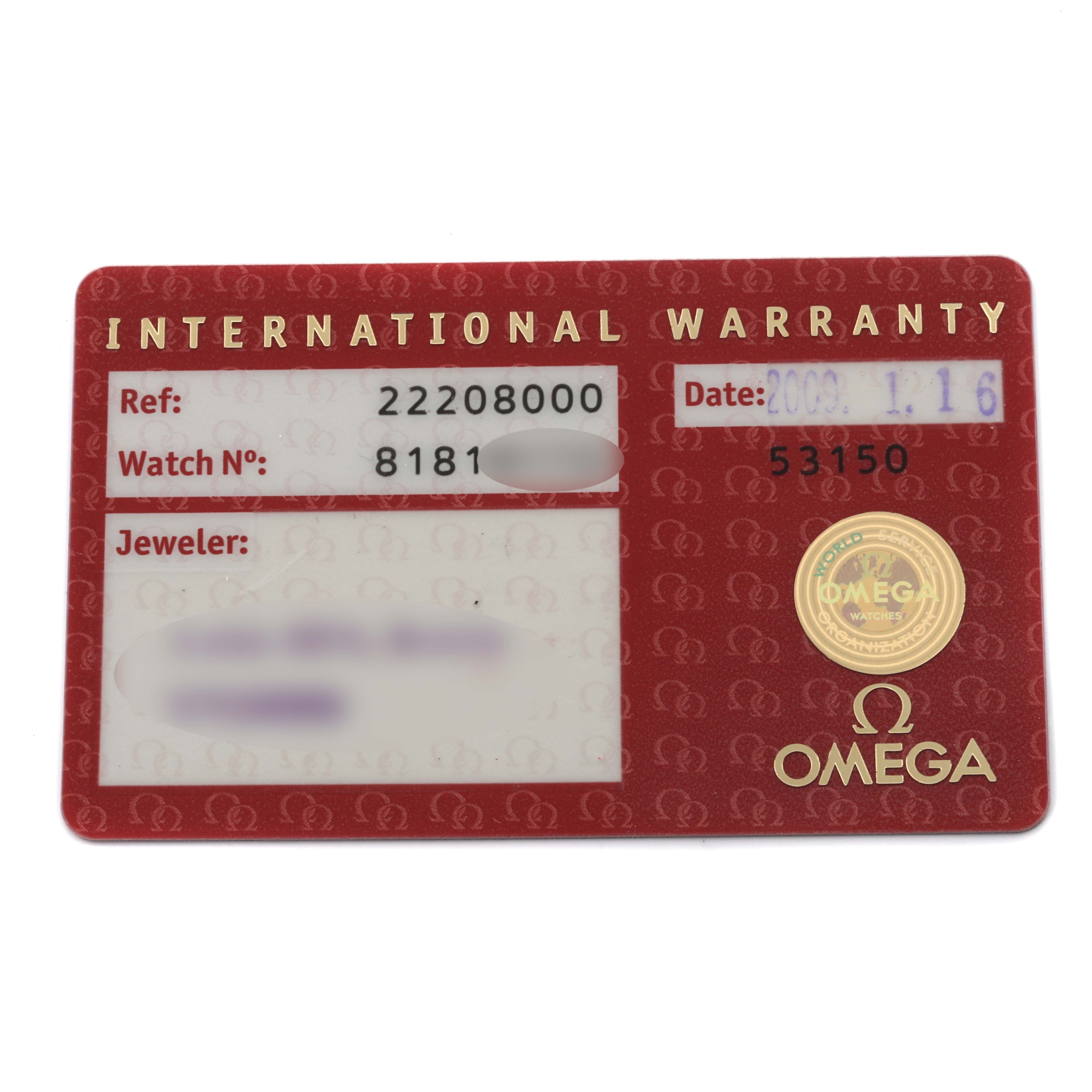 The image shows an International Warranty card for the Omega Seamaster 2220.80.00 Men
s Stainless Steel Blue Dial 2220.80.00 Men
s Stainless Steel Blue Dial watch model.