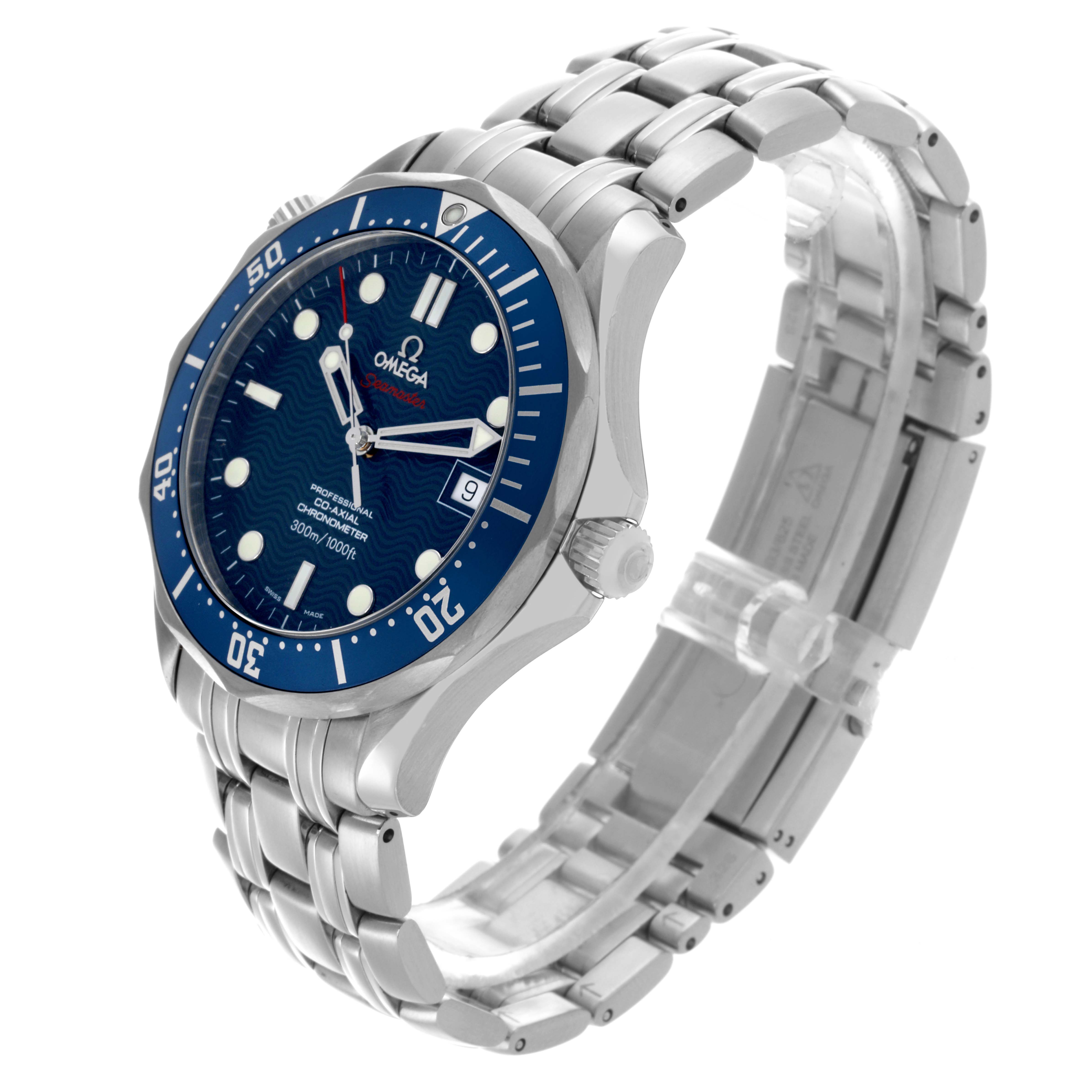 The Omega Seamaster 2220.80.00 Men
s Stainless Steel Blue Dial 2220.80.00 Men
s Stainless Steel Blue Dial watch is shown at an angled side view, highlighting the face, bezel, crown, and metal bracelet.