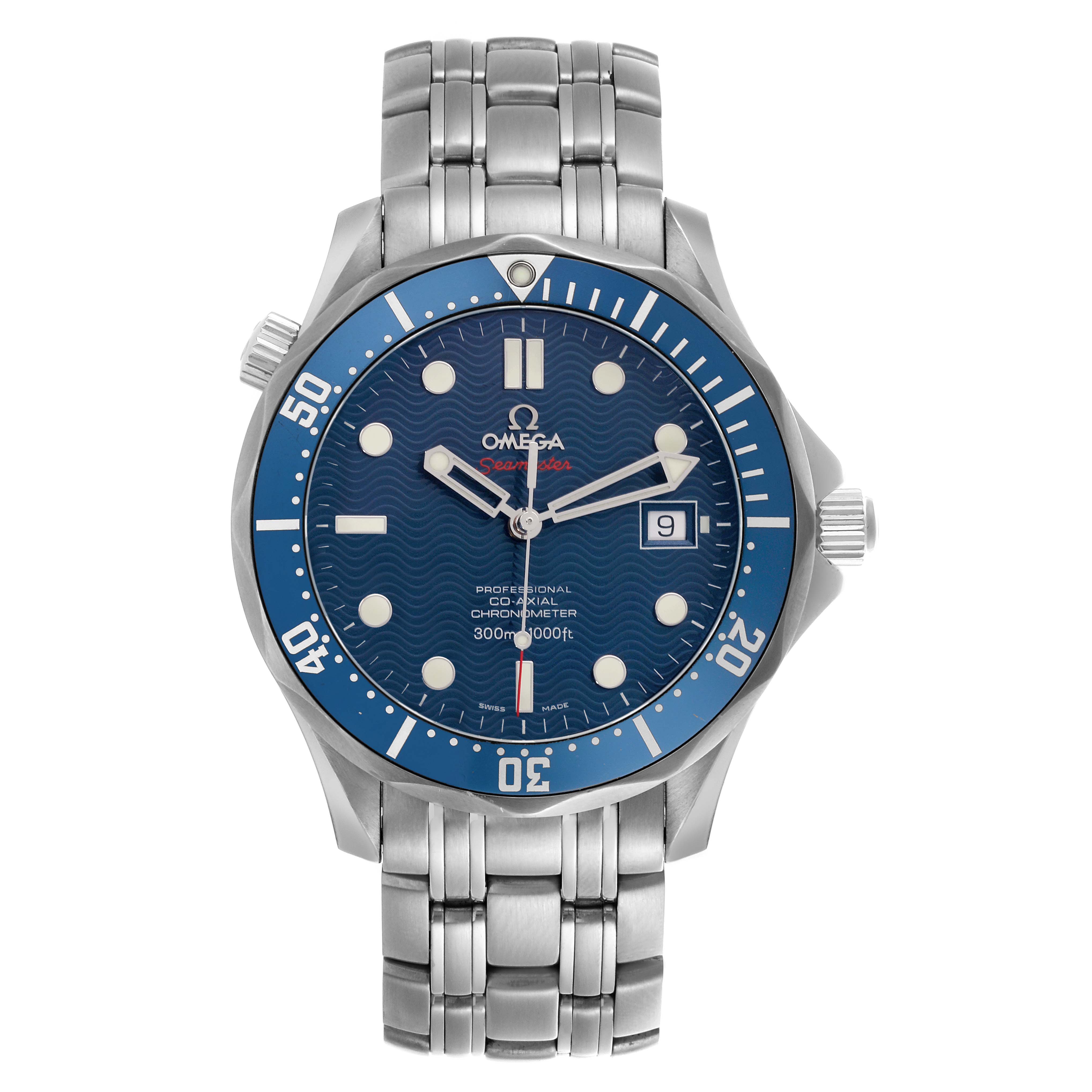 The Omega Seamaster 2220.80.00 Men
s Stainless Steel Blue Dial 2220.80.00 Men
s Stainless Steel Blue Dial watch is shown from a front angle, highlighting the bezel, dial, bracelet, and crown.