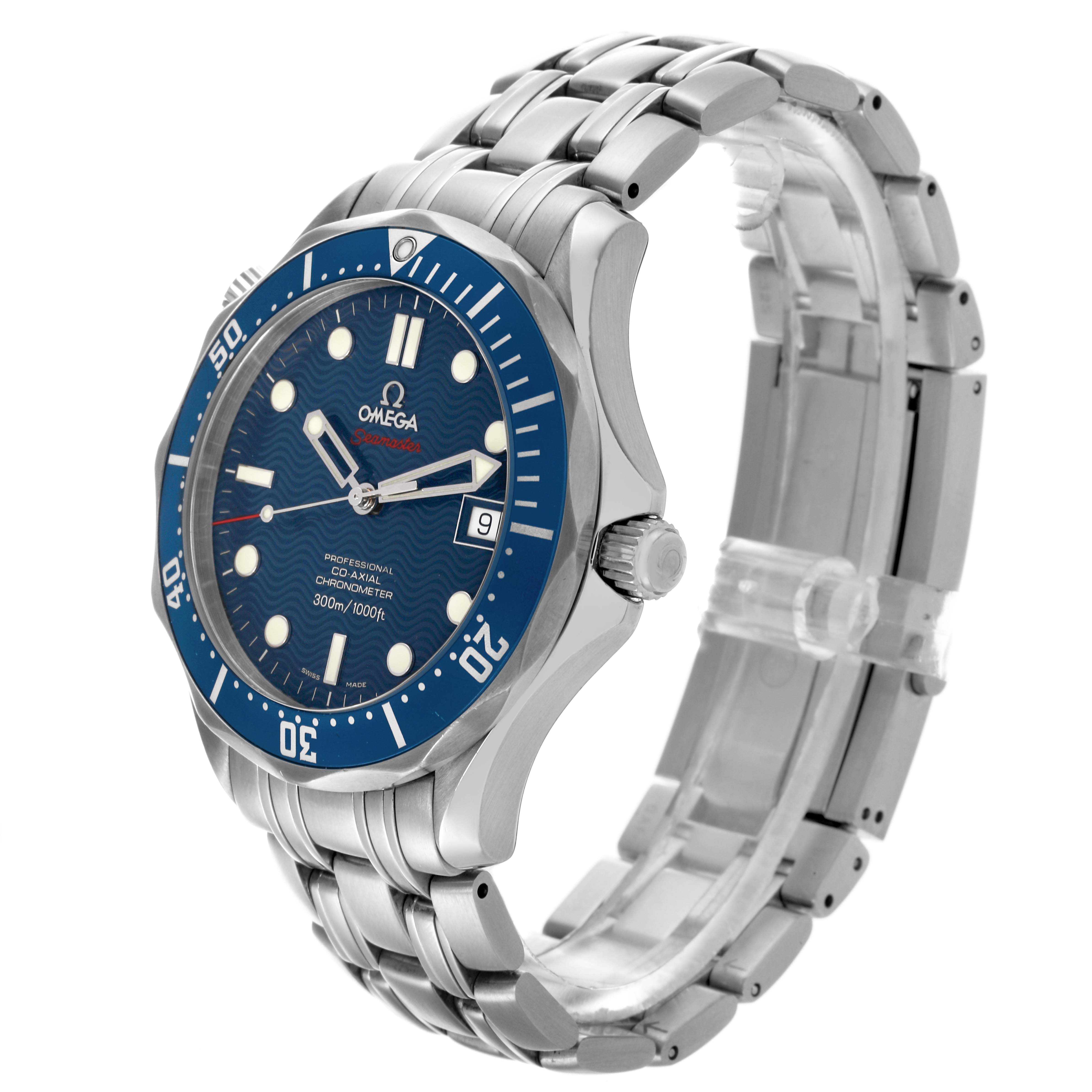 The Omega Seamaster 2220.80.00 Men
s Stainless Steel Blue Dial 2220.80.00 Men
s Stainless Steel Blue Dial watch is shown at a three-quarter angle, highlighting the face, bezel, and bracelet.