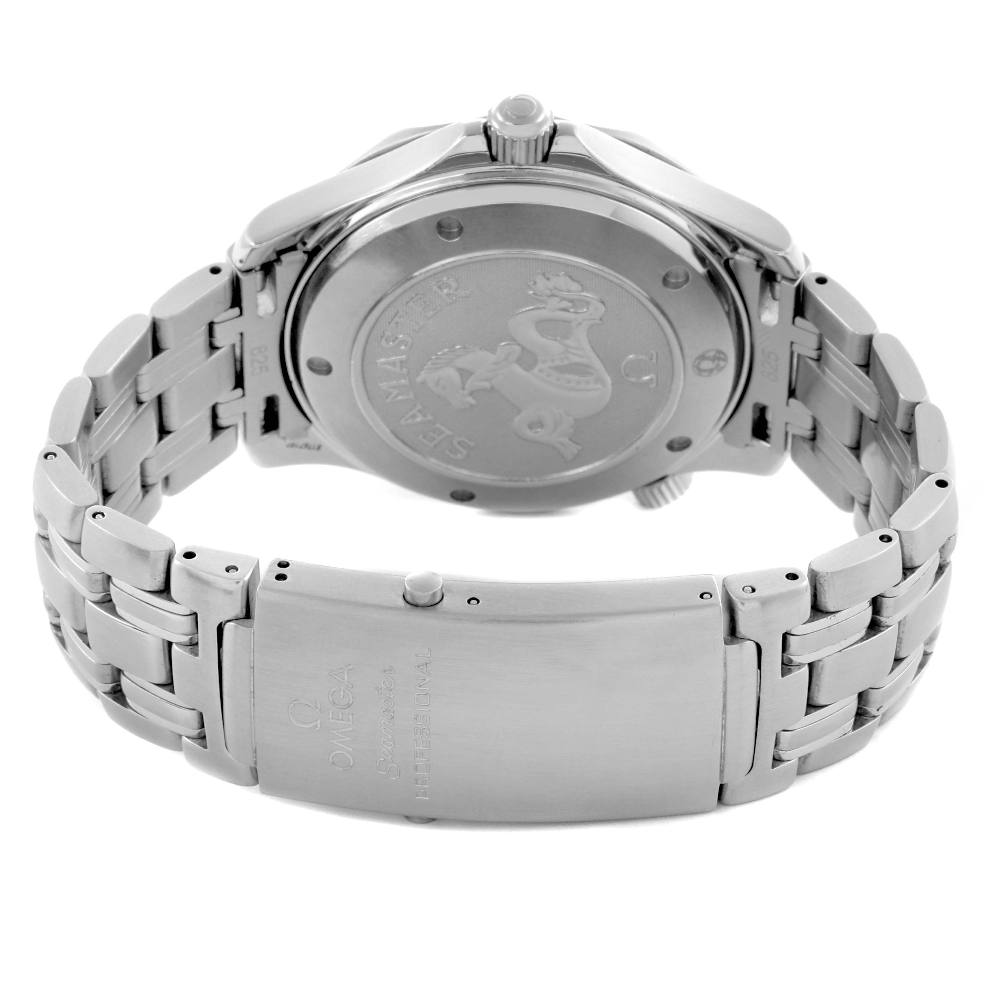 The image shows the back and clasp of the Omega Seamaster 2220.80.00 Men
s Stainless Steel Blue Dial 2220.80.00 Men
s Stainless Steel Blue Dial watch, highlighting the engraved case back and metal bracelet.