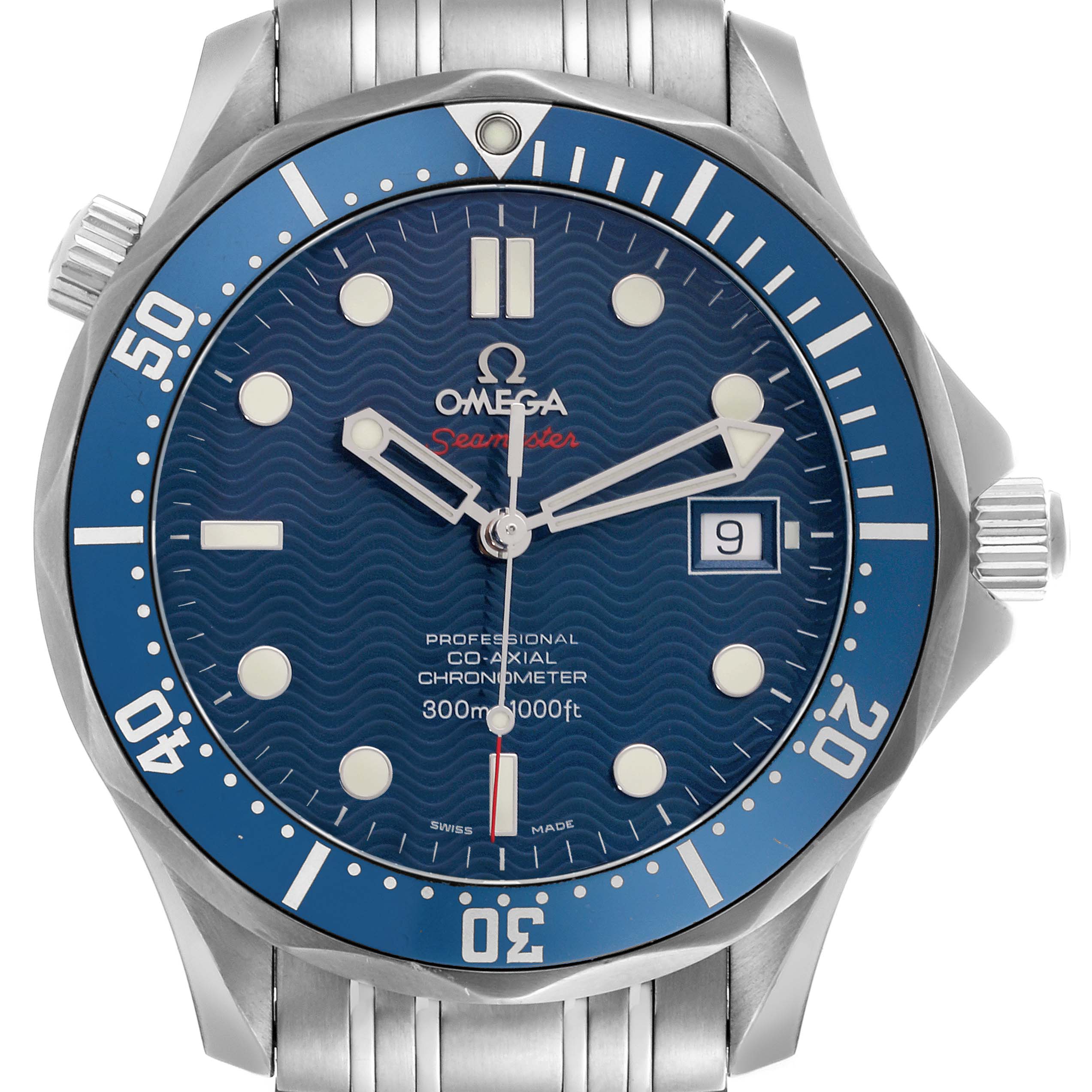 The image shows a front view of the Omega Seamaster 2220.80.00 Men
s Stainless Steel Blue Dial 2220.80.00 Men
s Stainless Steel Blue Dial watch, highlighting the blue dial, bezel, and bracelet.