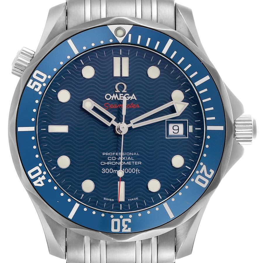 The image shows a front view of the Omega Seamaster watch, highlighting the blue dial, bezel, and bracelet.