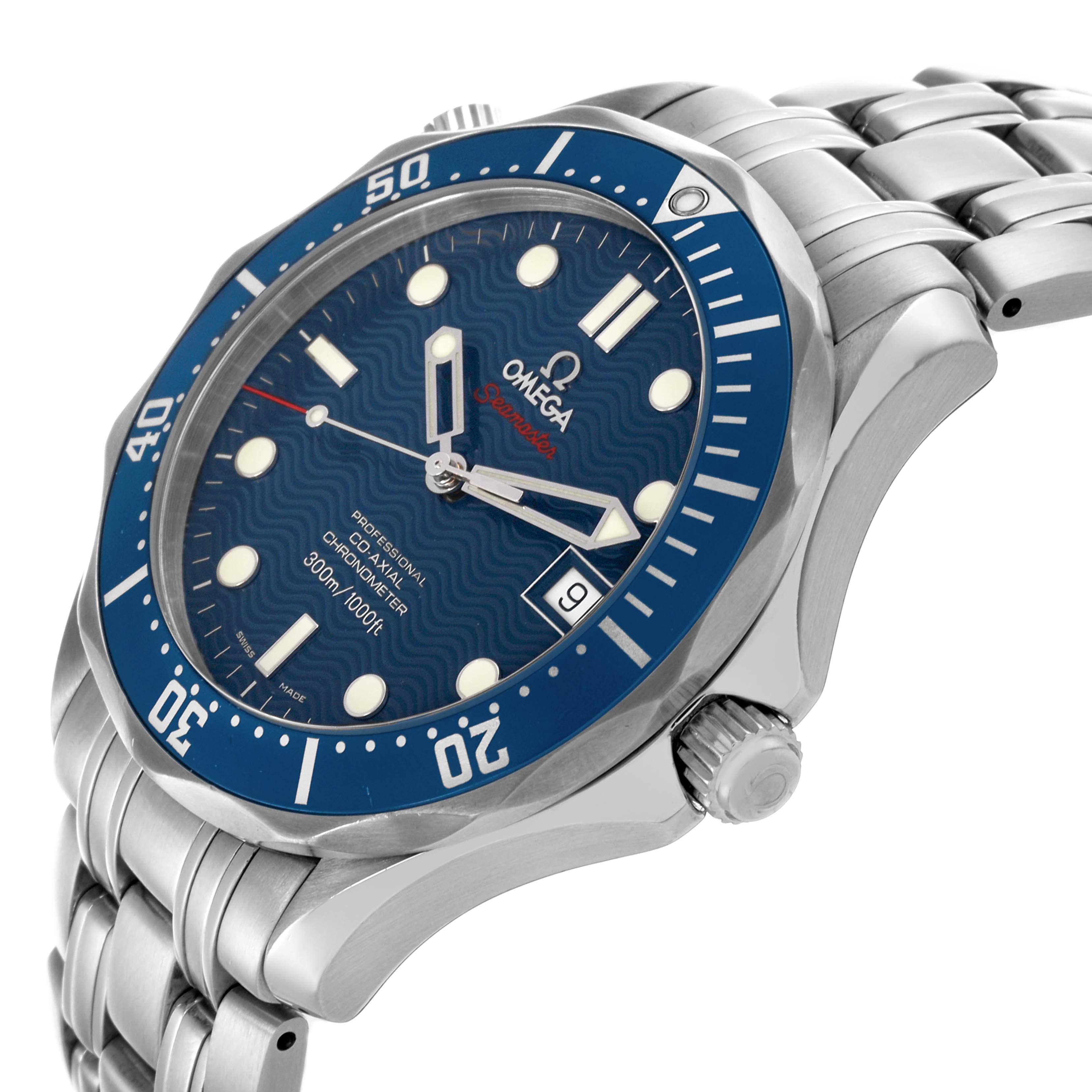 The Omega Seamaster 2220.80.00 Men
s Stainless Steel Blue Dial 2220.80.00 Men
s Stainless Steel Blue Dial watch is shown at an angled side view, highlighting the bezel, dial, and bracelet.