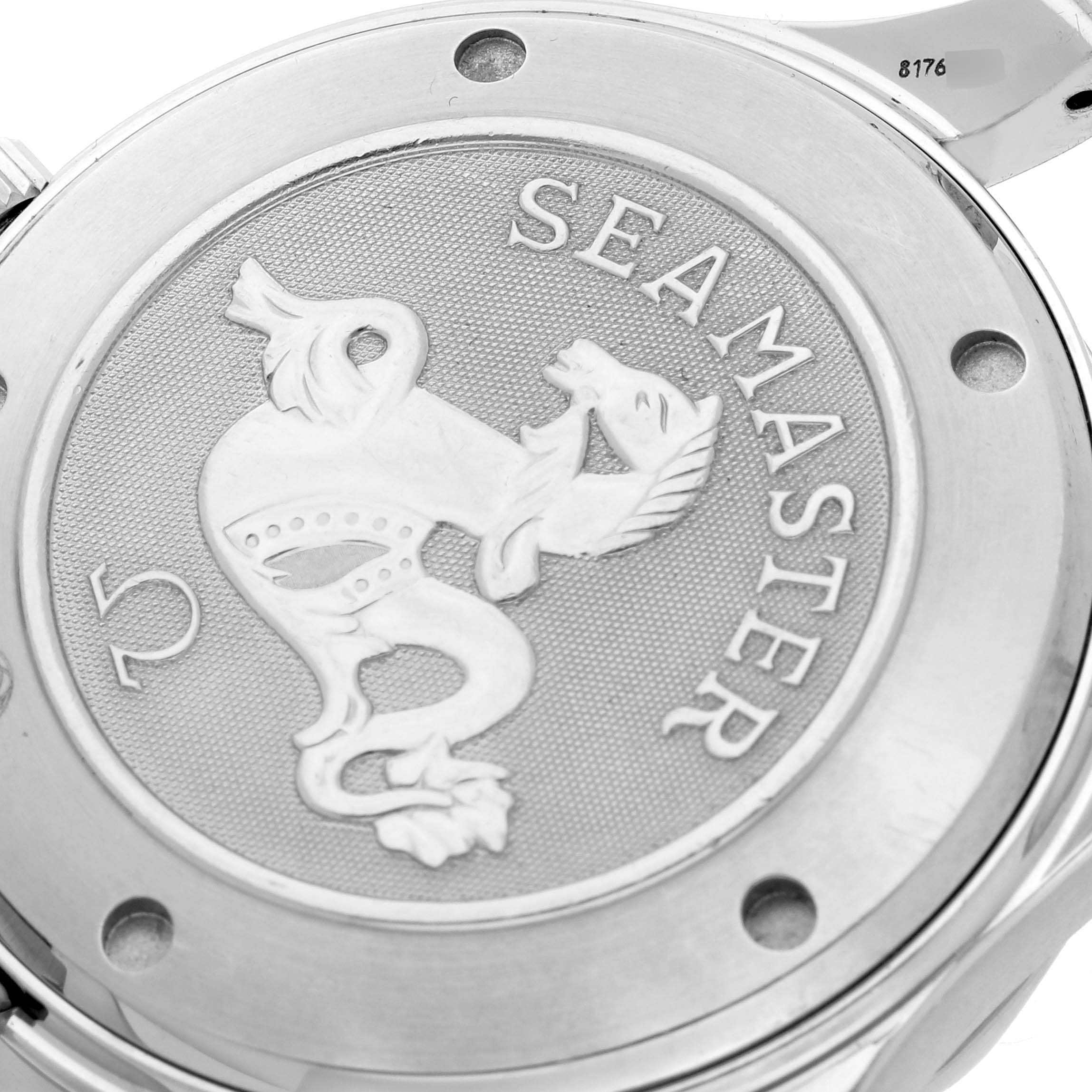 The image shows the case back of the Omega Seamaster 2220.80.00 Men
s Stainless Steel Blue Dial 2220.80.00 Men
s Stainless Steel Blue Dial, featuring the embossed logo and design.