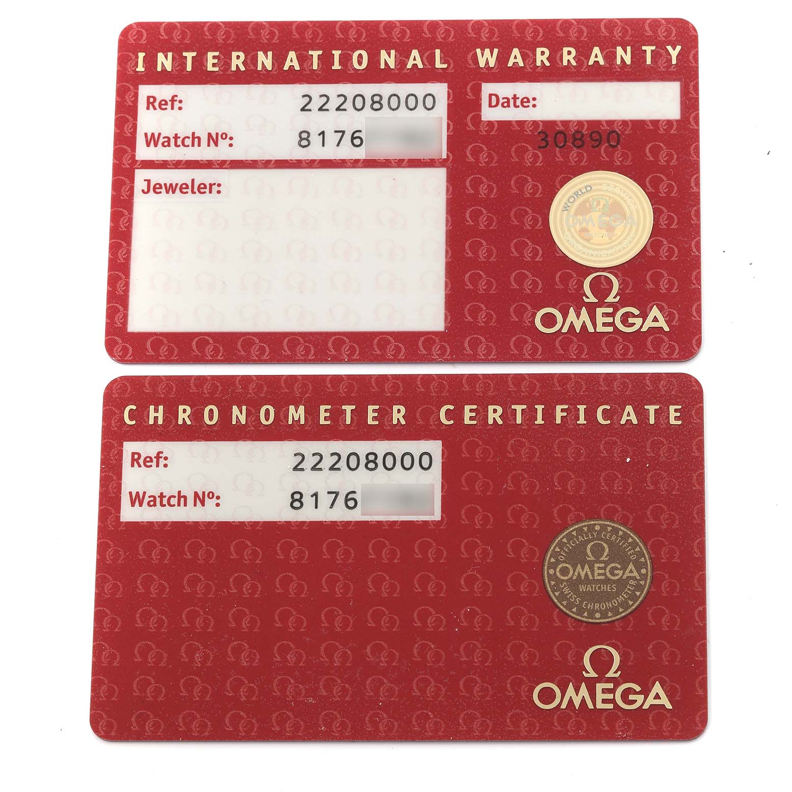 The image shows an Omega Seamaster 2220.80.00 Men
s Stainless Steel Blue Dial 2220.80.00 Men
s Stainless Steel Blue Dial
s warranty and chronometer certificate cards, laid flat displaying their details.