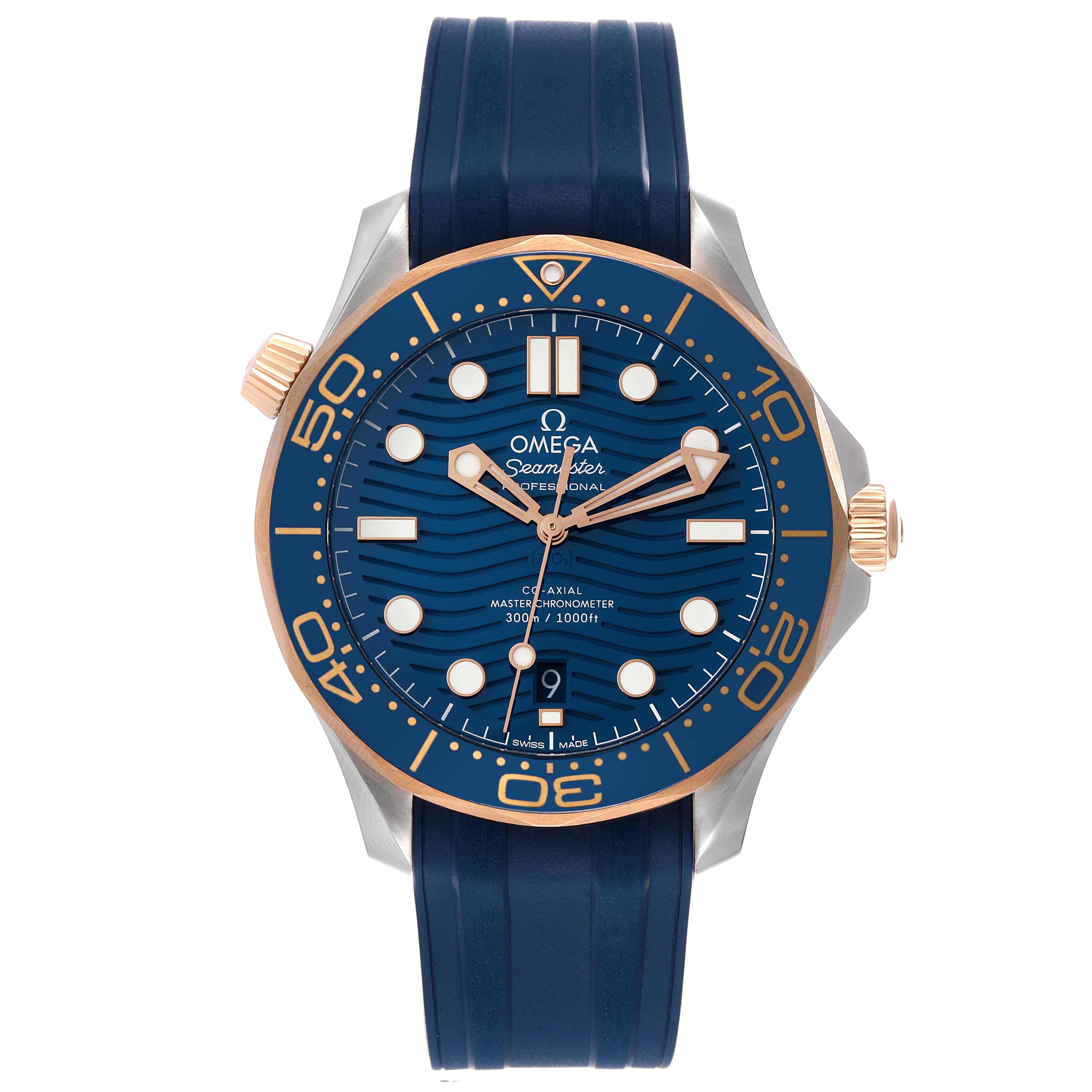 This image shows a front view of an Omega Seamaster 210.22.42.20.03.002 Men's Steel and Gold (two tone) Blue Dial 210.22.42.20.03.002 Men's Steel and Gold (two tone) Blue Dial watch with a blue dial and strap, gold accents, and date window at 6 o'clock.