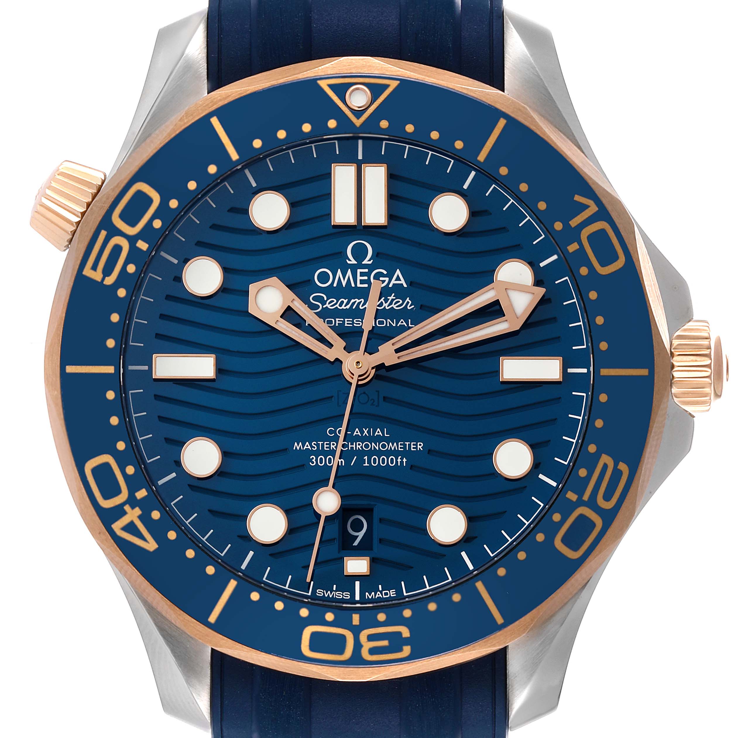 The image shows a front view of an Omega Seamaster 210.22.42.20.03.002 Men's Steel and Gold (two tone) Blue Dial 210.22.42.20.03.002 Men's Steel and Gold (two tone) Blue Dial watch, highlighting the dial, bezel, and crown.