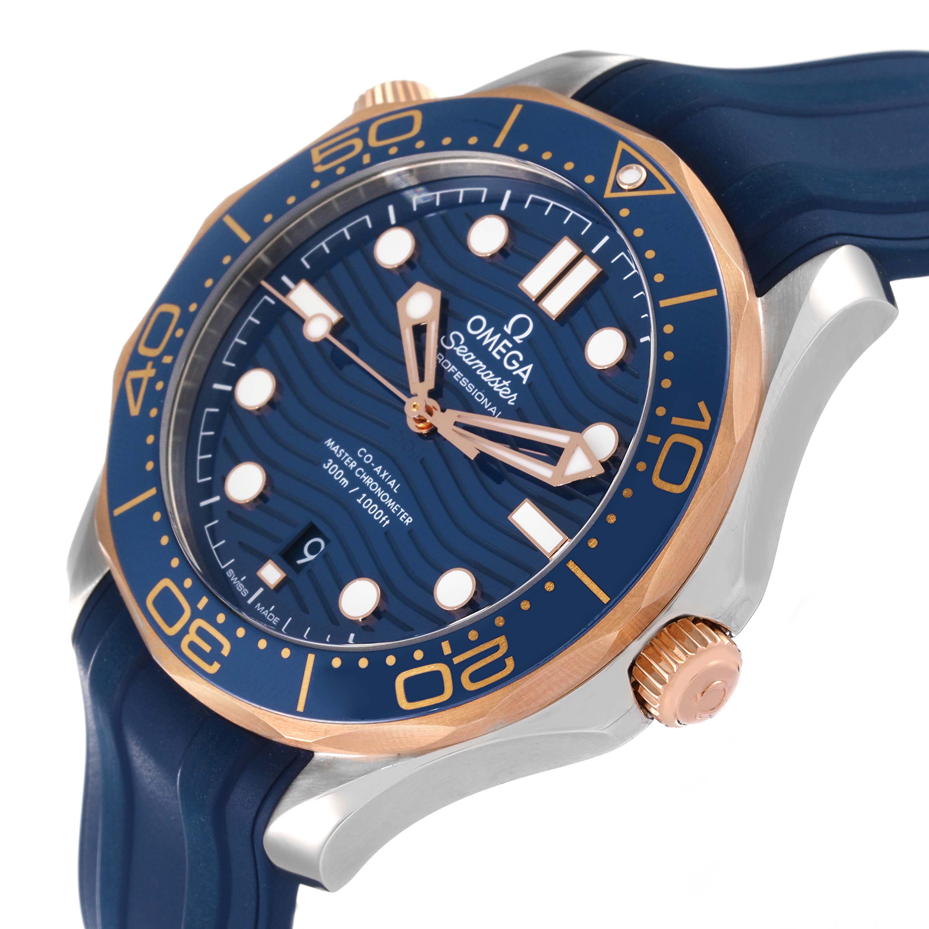 The Omega Seamaster 210.22.42.20.03.002 Men's Steel and Gold (two tone) Blue Dial 210.22.42.20.03.002 Men's Steel and Gold (two tone) Blue Dial watch is shown from a right-side angle, showcasing the dial, bezel, crown, and part of the strap.