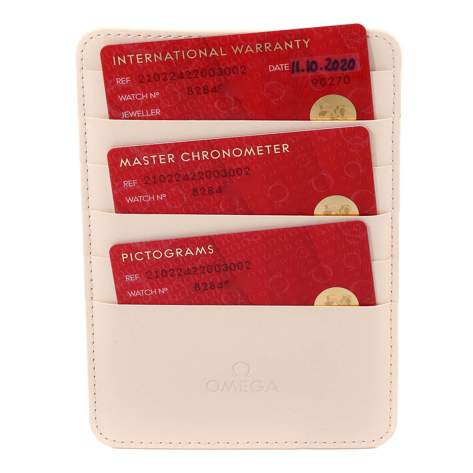 The image shows warranty cards for the Omega Seamaster 210.22.42.20.03.002 Men's Steel and Gold (two tone) Blue Dial 210.22.42.20.03.002 Men's Steel and Gold (two tone) Blue Dial model placed inside a beige cardholder.