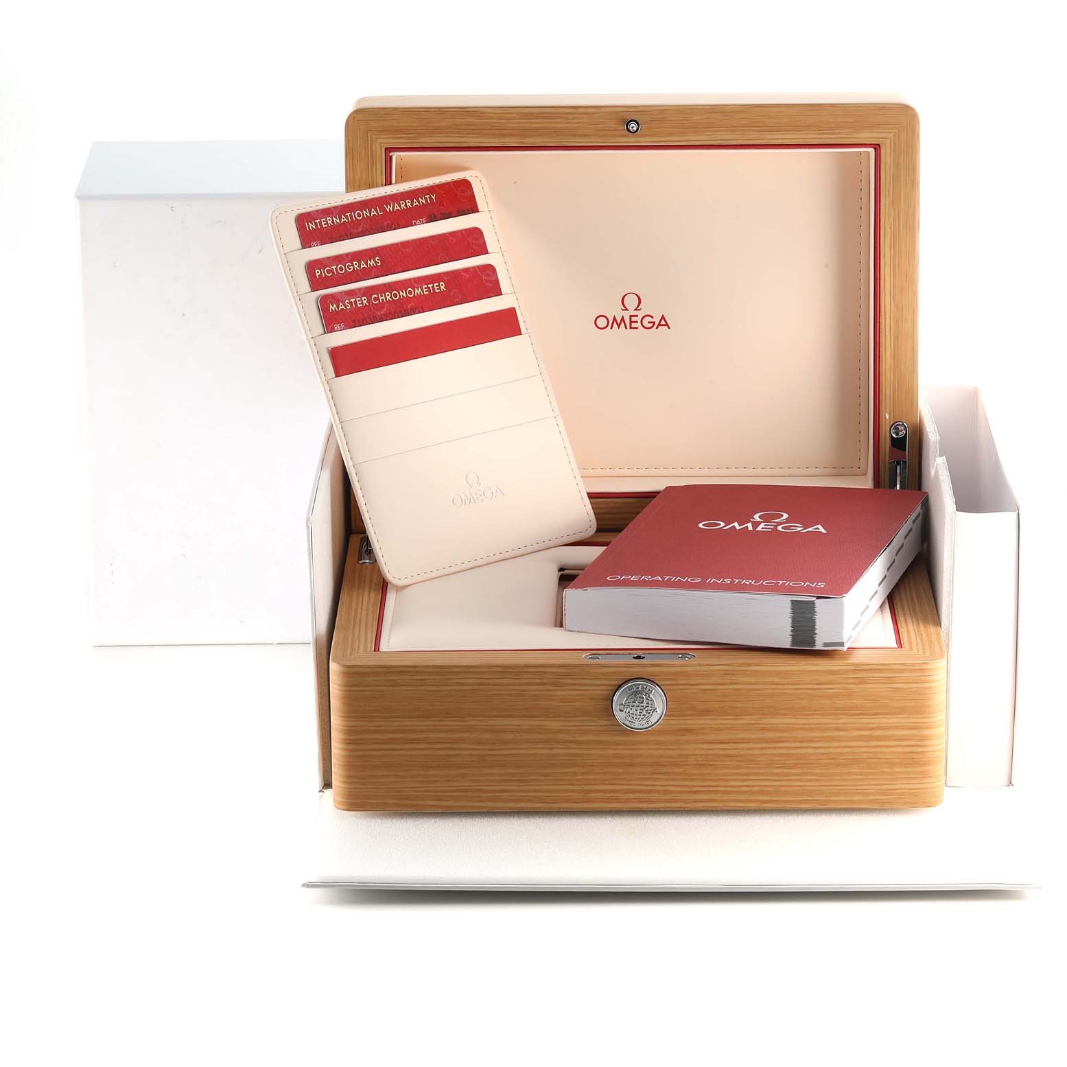 The image shows the packaging box, warranty cards, and manual for the Omega Seamaster 210.30.42.20.10.001 Men's Stainless Steel Green Dial 210.30.42.20.10.001 Men's Stainless Steel Green Dial watch.