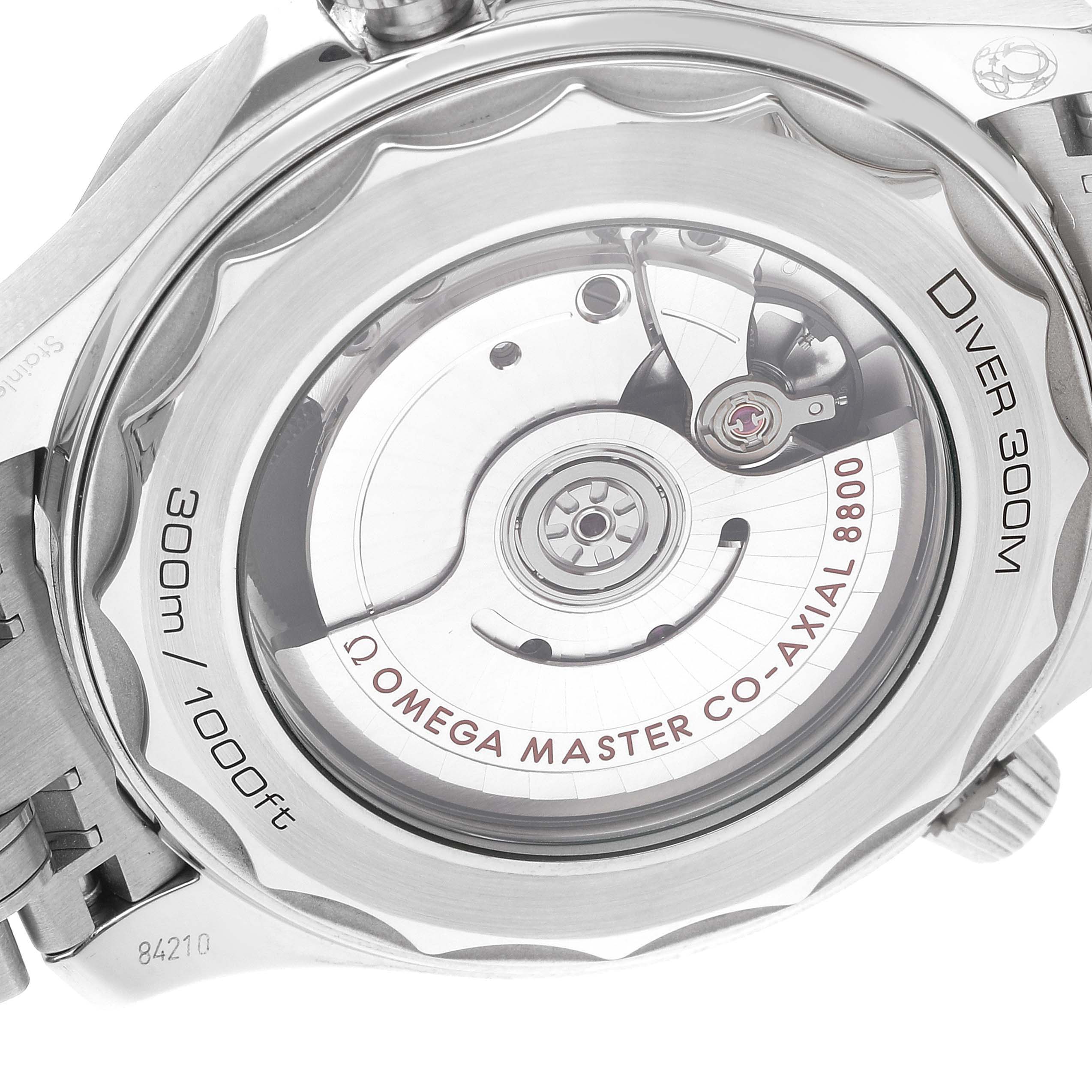 The image shows the back view of the Omega Seamaster 210.30.42.20.10.001 Men's Stainless Steel Green Dial 210.30.42.20.10.001 Men's Stainless Steel Green Dial watch, highlighting its movement and engraving details.