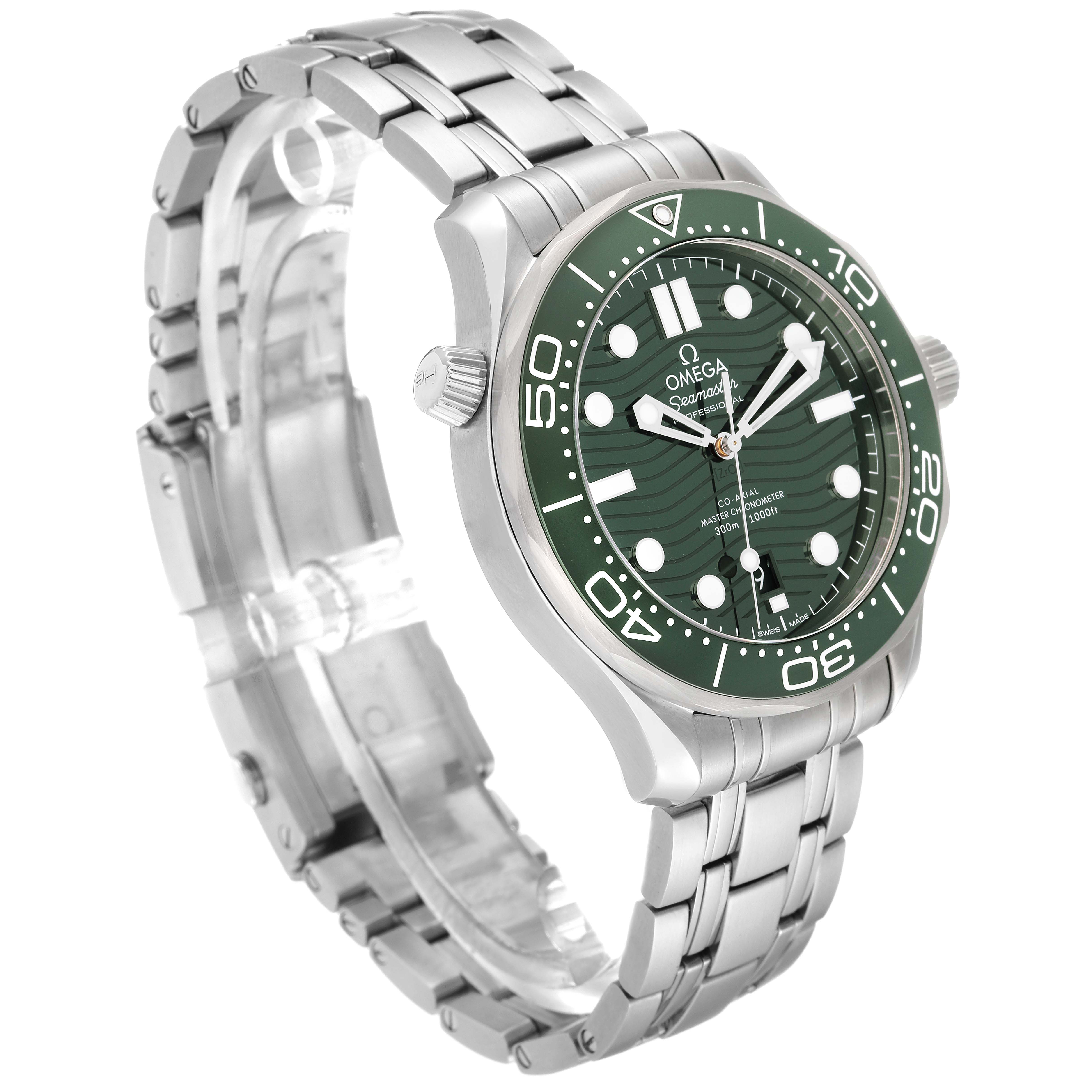 The image shows an Omega Seamaster 210.30.42.20.10.001 Men's Stainless Steel Green Dial 210.30.42.20.10.001 Men's Stainless Steel Green Dial watch at a three-quarter angle, highlighting the face, bezel, and bracelet.