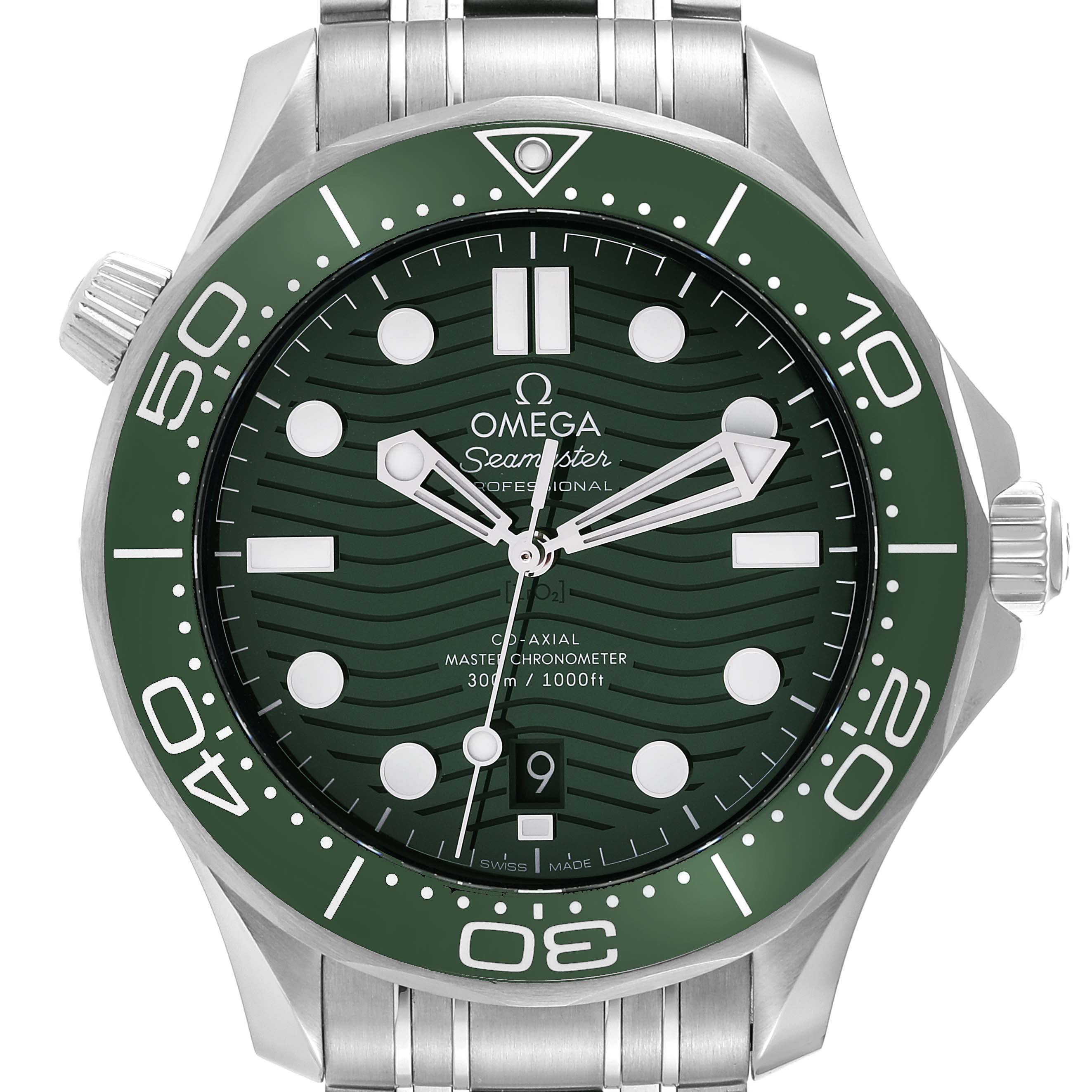 The image shows a front-facing view of an Omega Seamaster 210.30.42.20.10.001 Men's Stainless Steel Green Dial 210.30.42.20.10.001 Men's Stainless Steel Green Dial watch with a green bezel and dial.