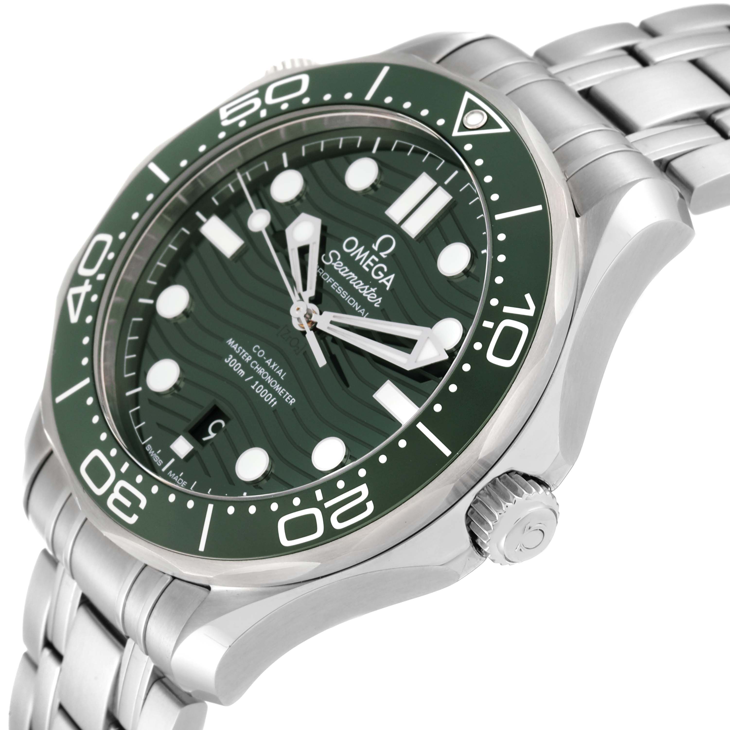 This image shows a side angle of the Omega Seamaster 210.30.42.20.10.001 Men's Stainless Steel Green Dial 210.30.42.20.10.001 Men's Stainless Steel Green Dial watch, highlighting its face, bezel, crown, and part of its metal bracelet.