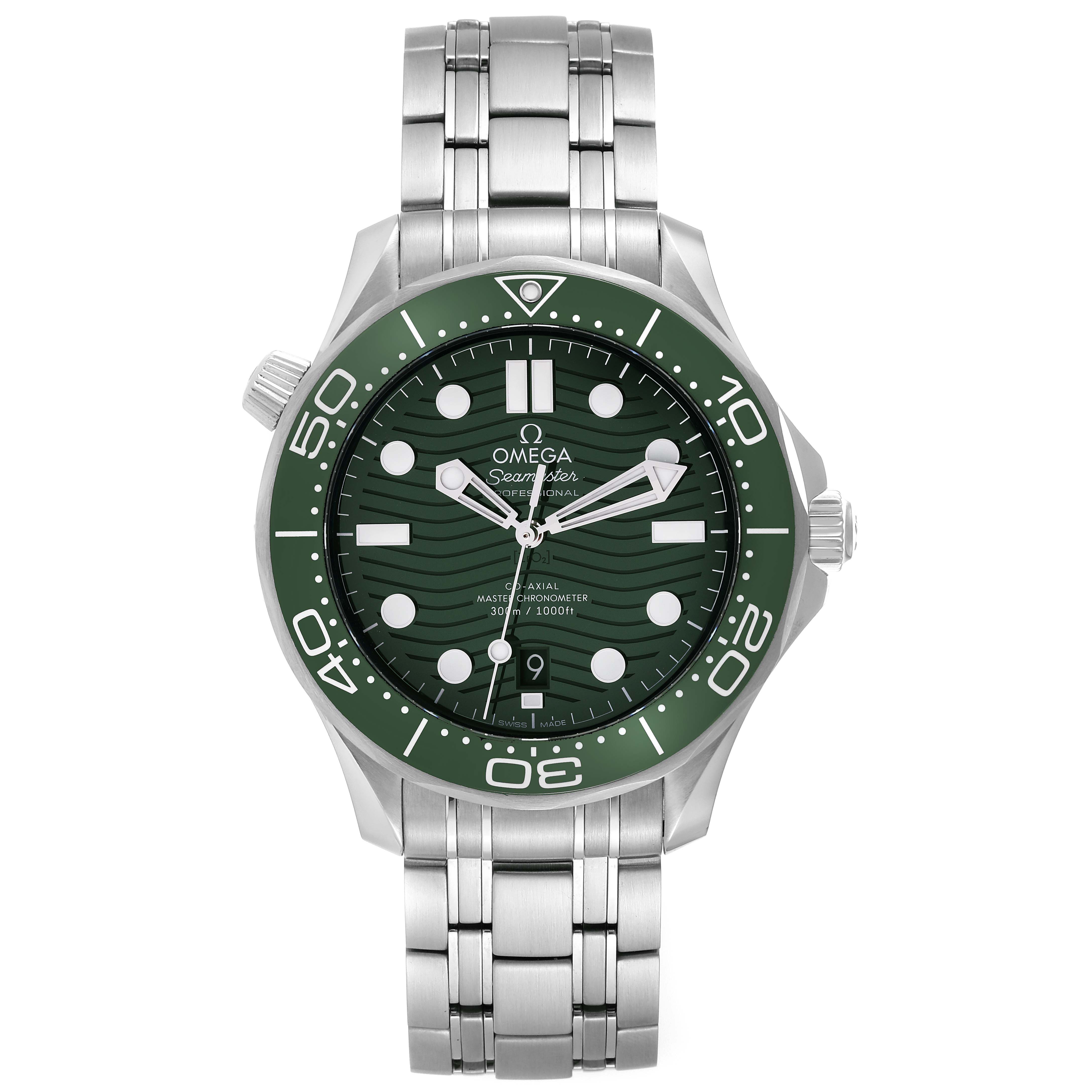 This image shows a front view of the Omega Seamaster 210.30.42.20.10.001 Men's Stainless Steel Green Dial 210.30.42.20.10.001 Men's Stainless Steel Green Dial watch, highlighting its green dial, bezel, and stainless steel bracelet.