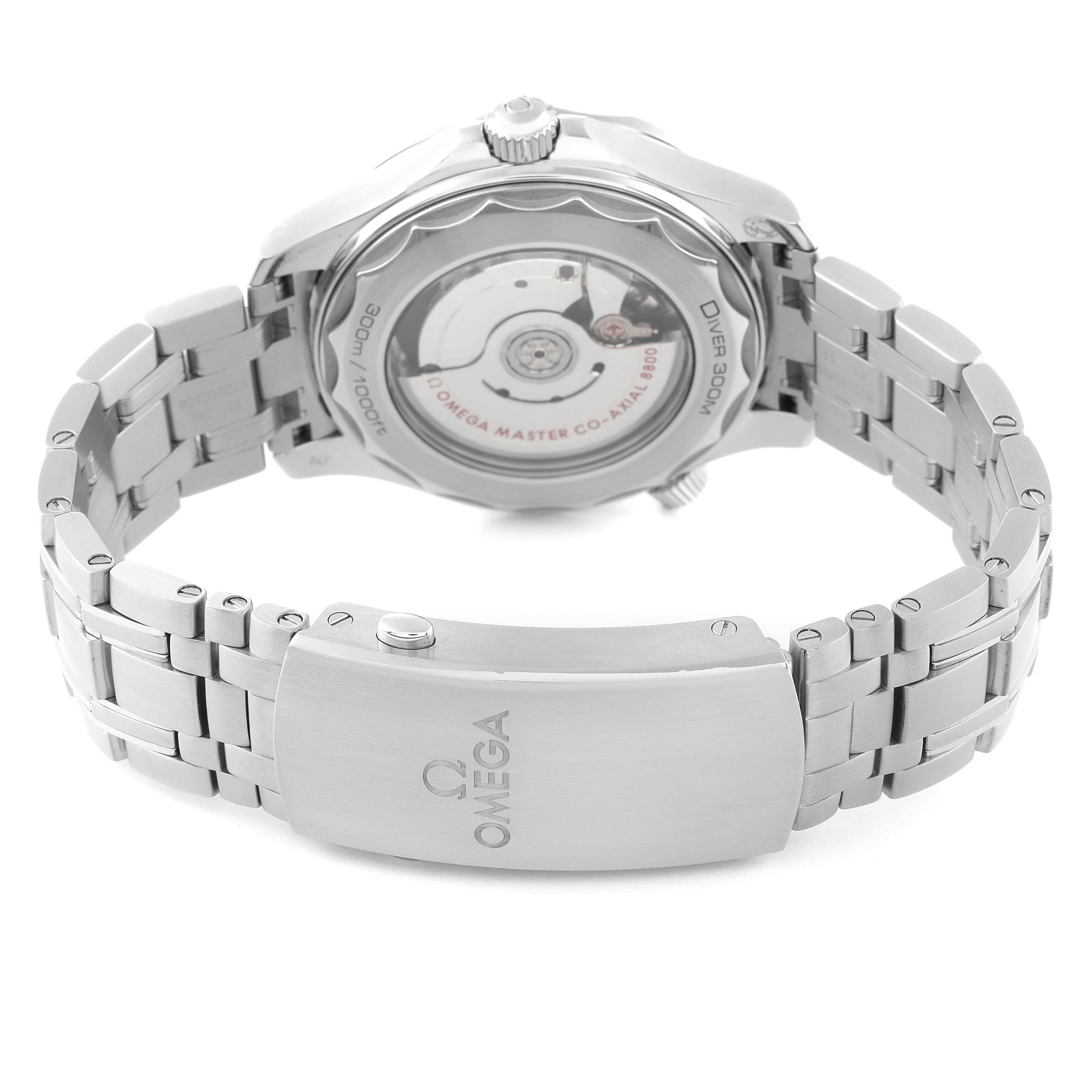 The image shows the back view of an Omega Seamaster 210.30.42.20.10.001 Men's Stainless Steel Green Dial 210.30.42.20.10.001 Men's Stainless Steel Green Dial watch, highlighting the transparent case back and the stainless steel bracelet with a clasp.