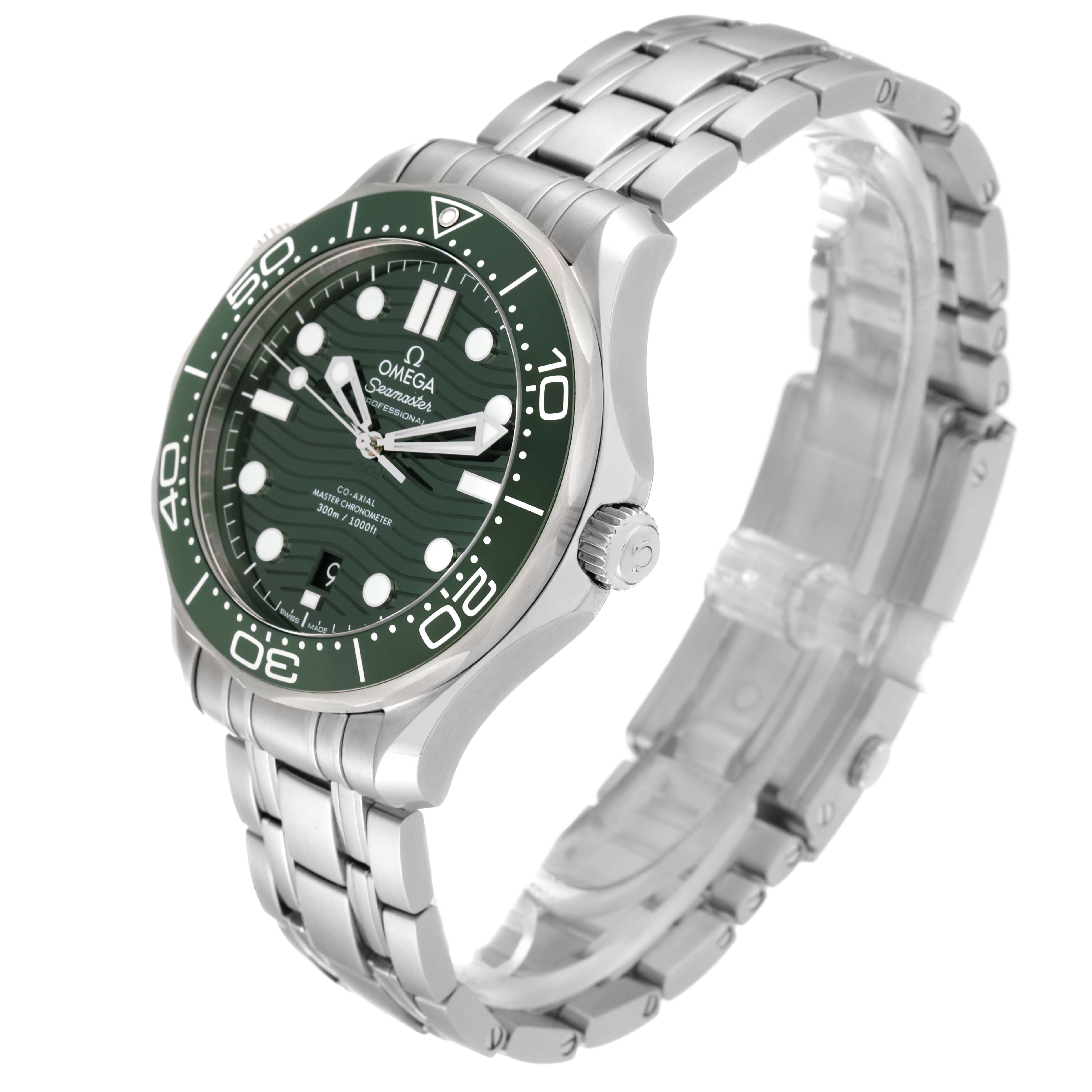 The image shows a side angle view of the Omega Seamaster 210.30.42.20.10.001 Men's Stainless Steel Green Dial 210.30.42.20.10.001 Men's Stainless Steel Green Dial watch, highlighting its green dial, stainless steel case, and bracelet.