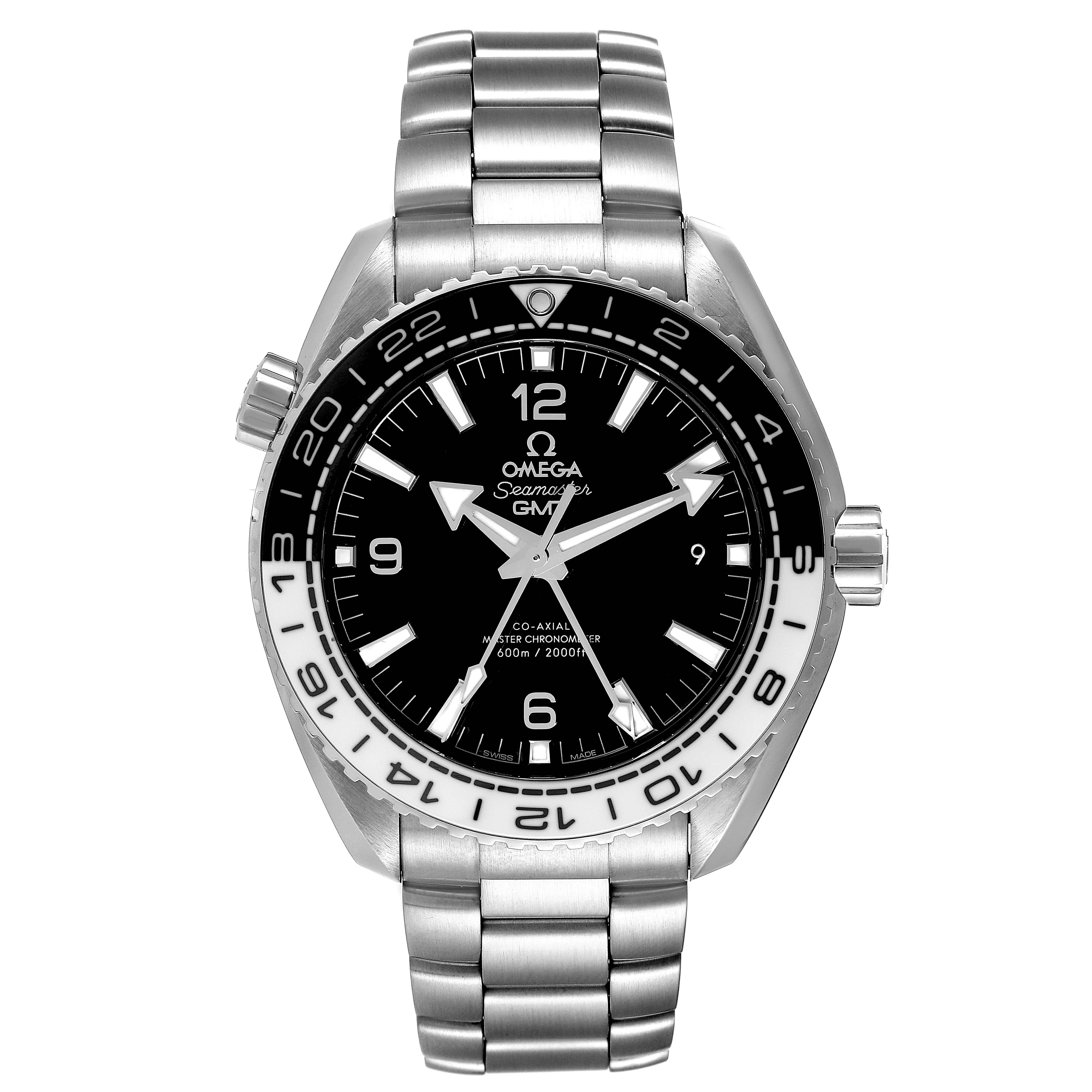 This image shows the Omega Seamaster 215.30.44.22.01.001 Men's Stainless Steel Black Dial 215.30.44.22.01.001 Men's Stainless Steel Black Dial GMT watch from a front angle, displaying the dial, bezel, bracelet, and crown.