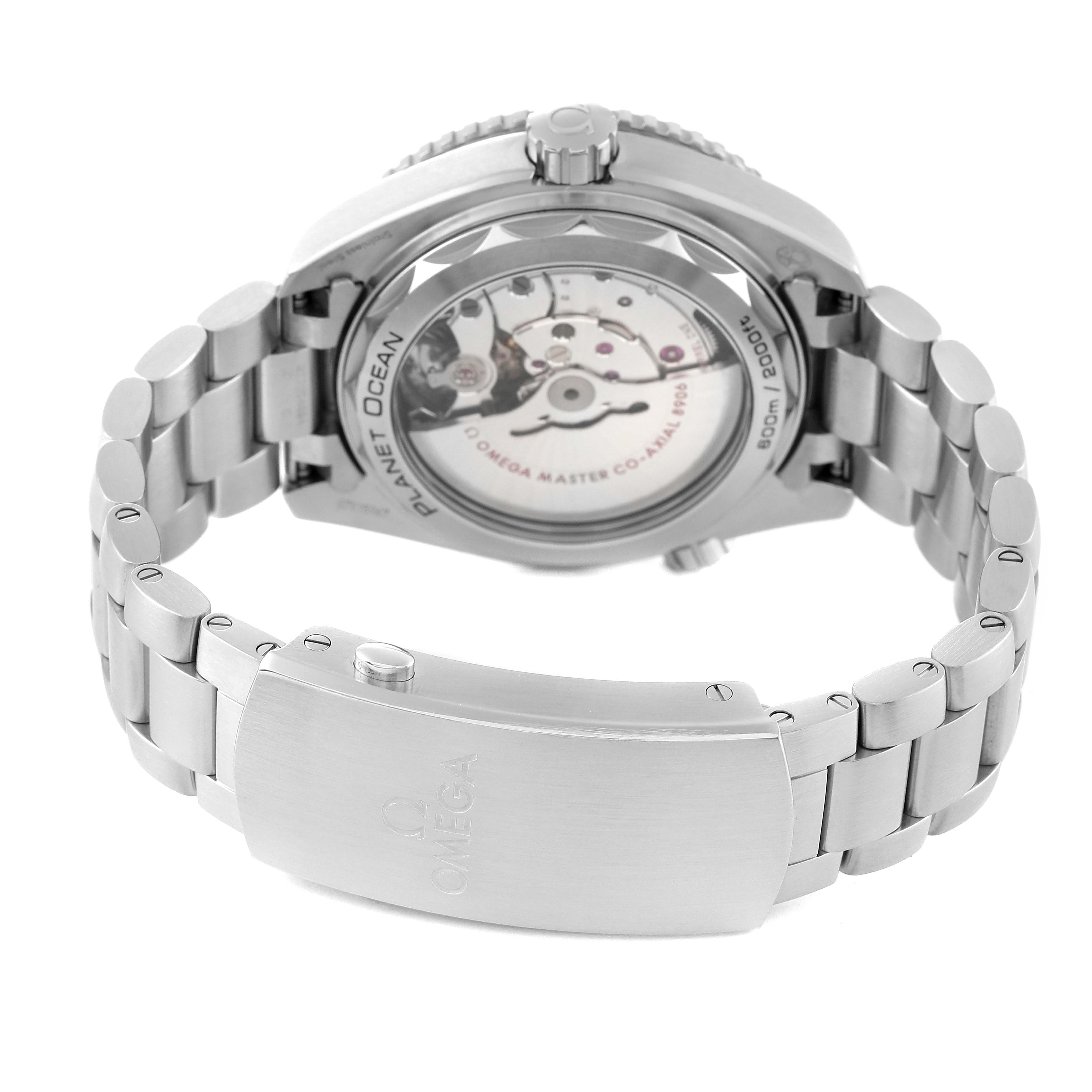 The image shows the back view of an Omega Seamaster 215.30.44.22.01.001 Men's Stainless Steel Black Dial 215.30.44.22.01.001 Men's Stainless Steel Black Dial watch, highlighting its open back and stainless steel bracelet.