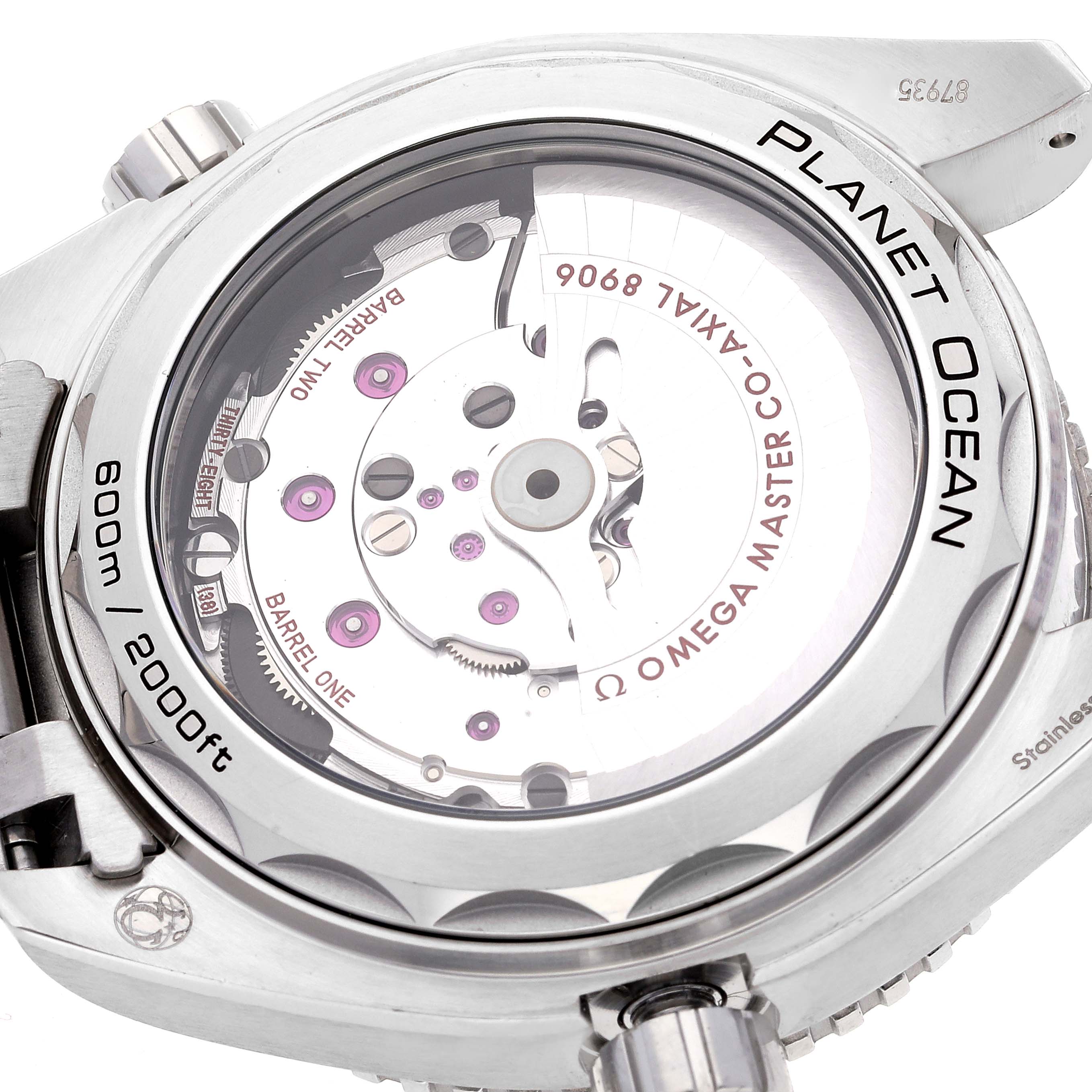 The image shows the transparent case back of an Omega Seamaster 215.30.44.22.01.001 Men's Stainless Steel Black Dial 215.30.44.22.01.001 Men's Stainless Steel Black Dial Planet Ocean watch, revealing its internal mechanism and inscriptions.