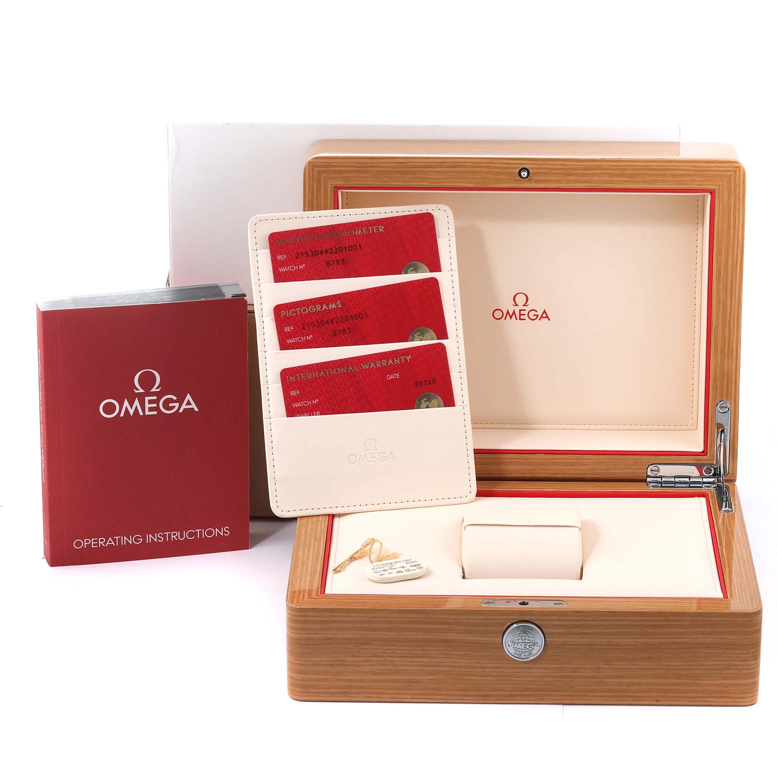 The image shows the wooden watch box, warranty cards, and operating instructions for the Omega Seamaster 215.30.44.22.01.001 Men's Stainless Steel Black Dial 215.30.44.22.01.001 Men's Stainless Steel Black Dial model.