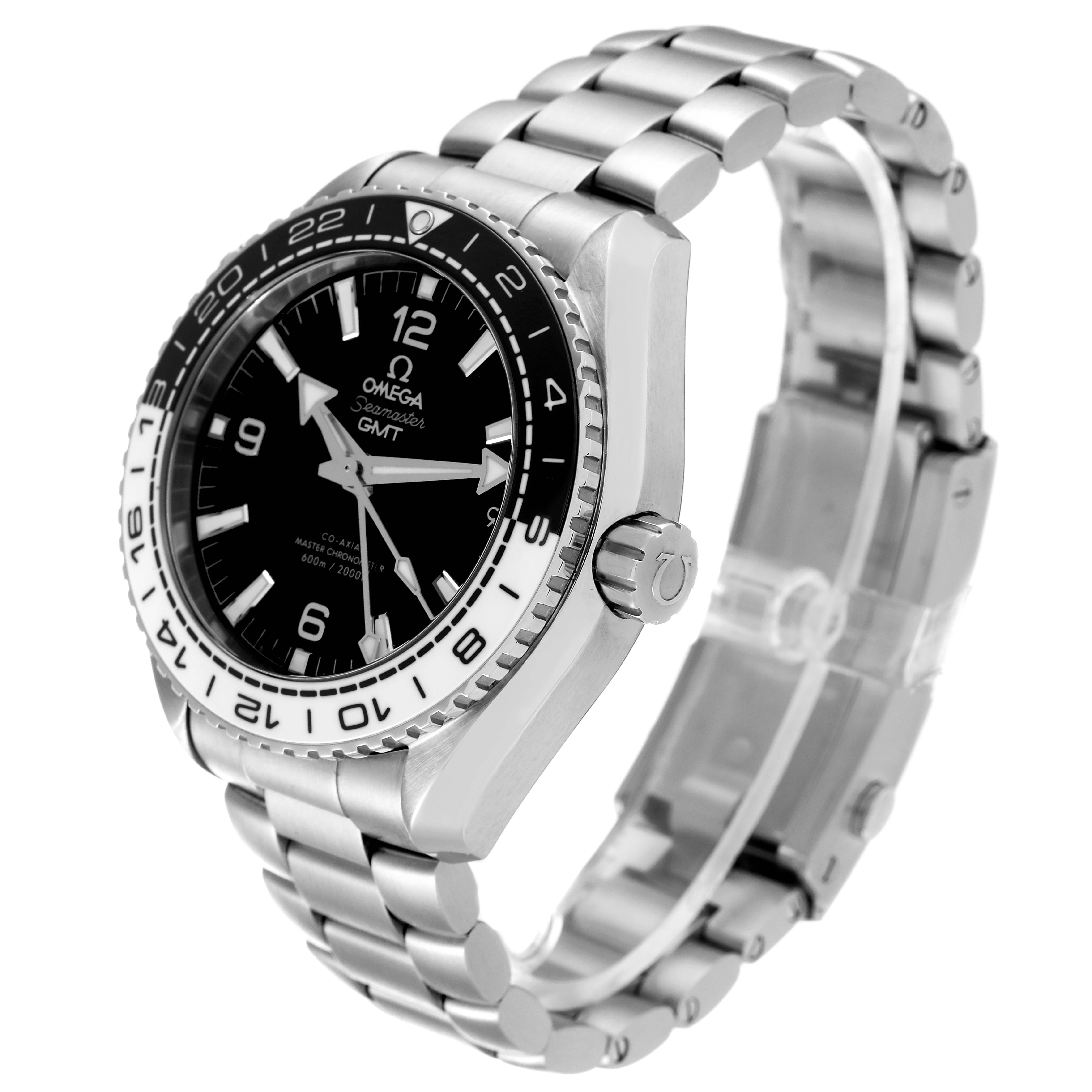 The Omega Seamaster 215.30.44.22.01.001 Men's Stainless Steel Black Dial 215.30.44.22.01.001 Men's Stainless Steel Black Dial watch is shown at a three-quarter angle, highlighting the face, bezel, crown, and metal bracelet.