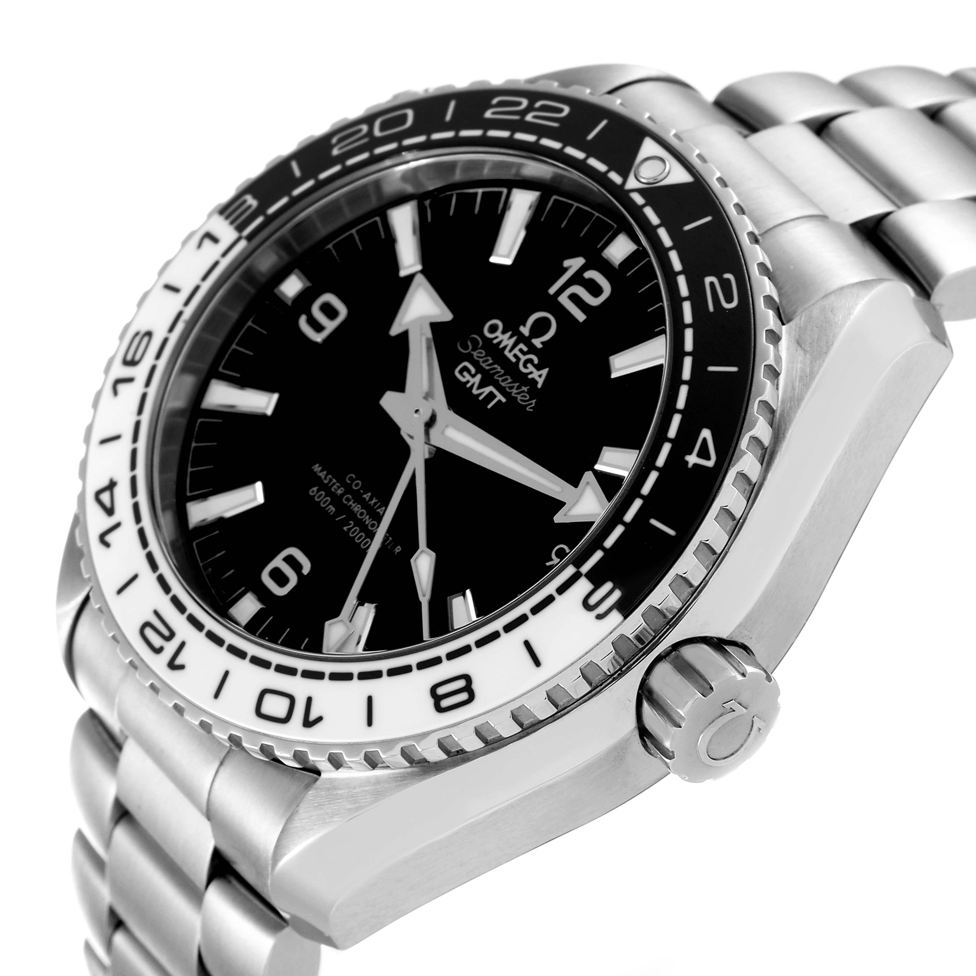 This image shows the angled side view of an Omega Seamaster 215.30.44.22.01.001 Men's Stainless Steel Black Dial 215.30.44.22.01.001 Men's Stainless Steel Black Dial GMT watch, highlighting the dial, bezel, crown, and bracelet.