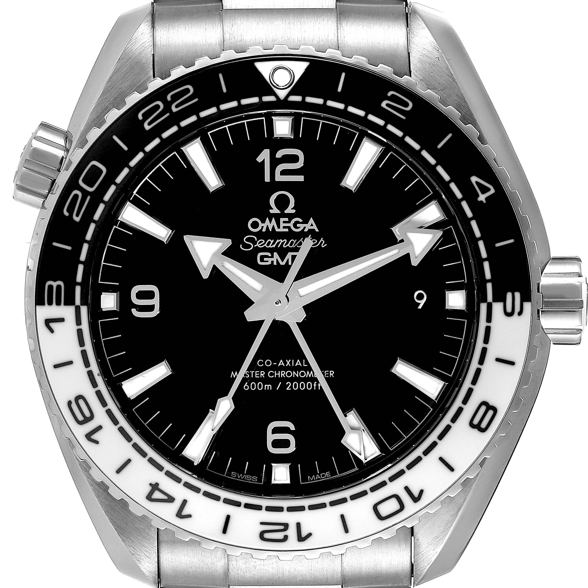 The Omega Seamaster 215.30.44.22.01.001 Men's Stainless Steel Black Dial 215.30.44.22.01.001 Men's Stainless Steel Black Dial watch is shown from a frontal angle, displaying its face, bezel, crown, and part of the bracelet.