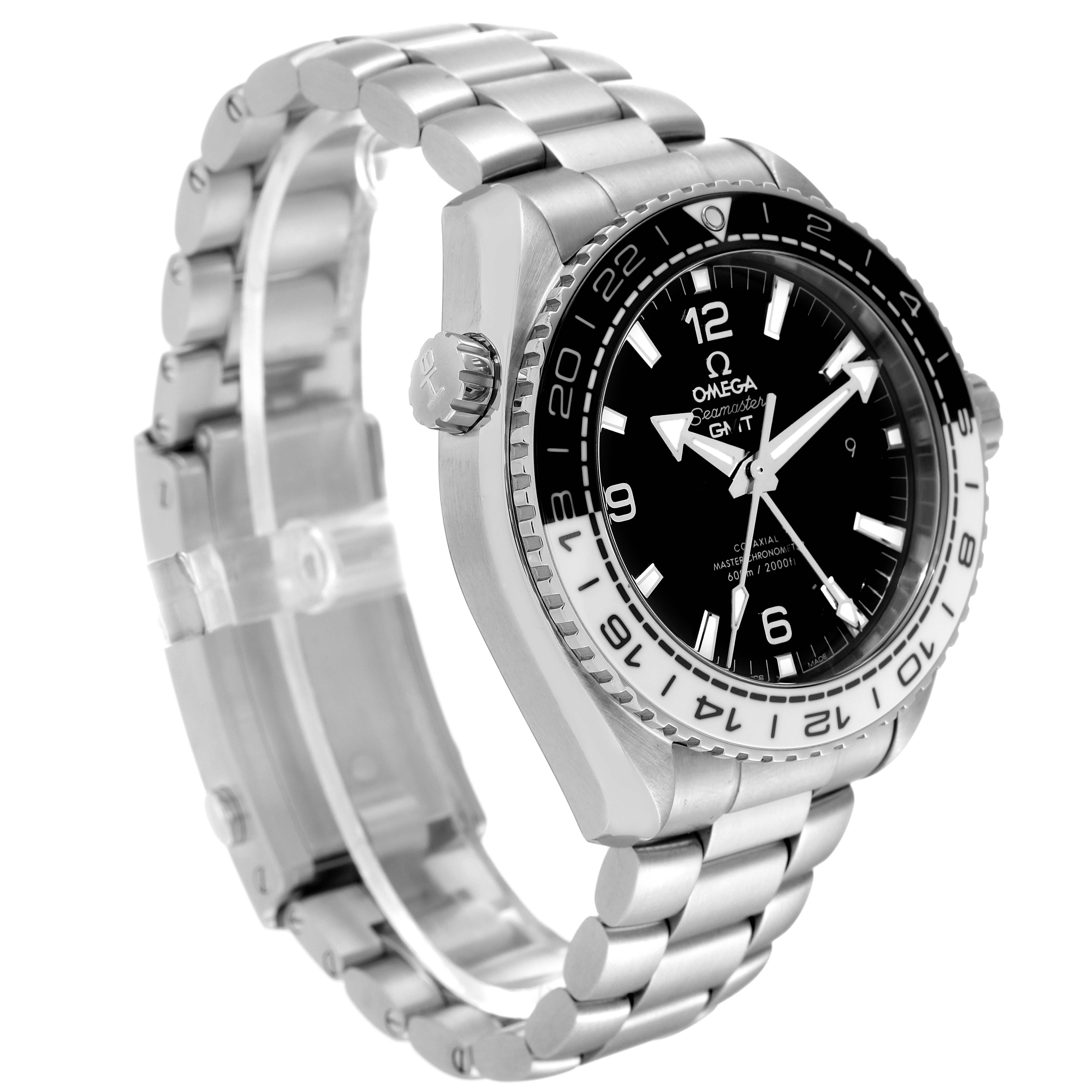 The image shows an Omega Seamaster 215.30.44.22.01.001 Men's Stainless Steel Black Dial 215.30.44.22.01.001 Men's Stainless Steel Black Dial watch at a 3/4 angle displaying its face, crown, bezel, and stainless steel bracelet.