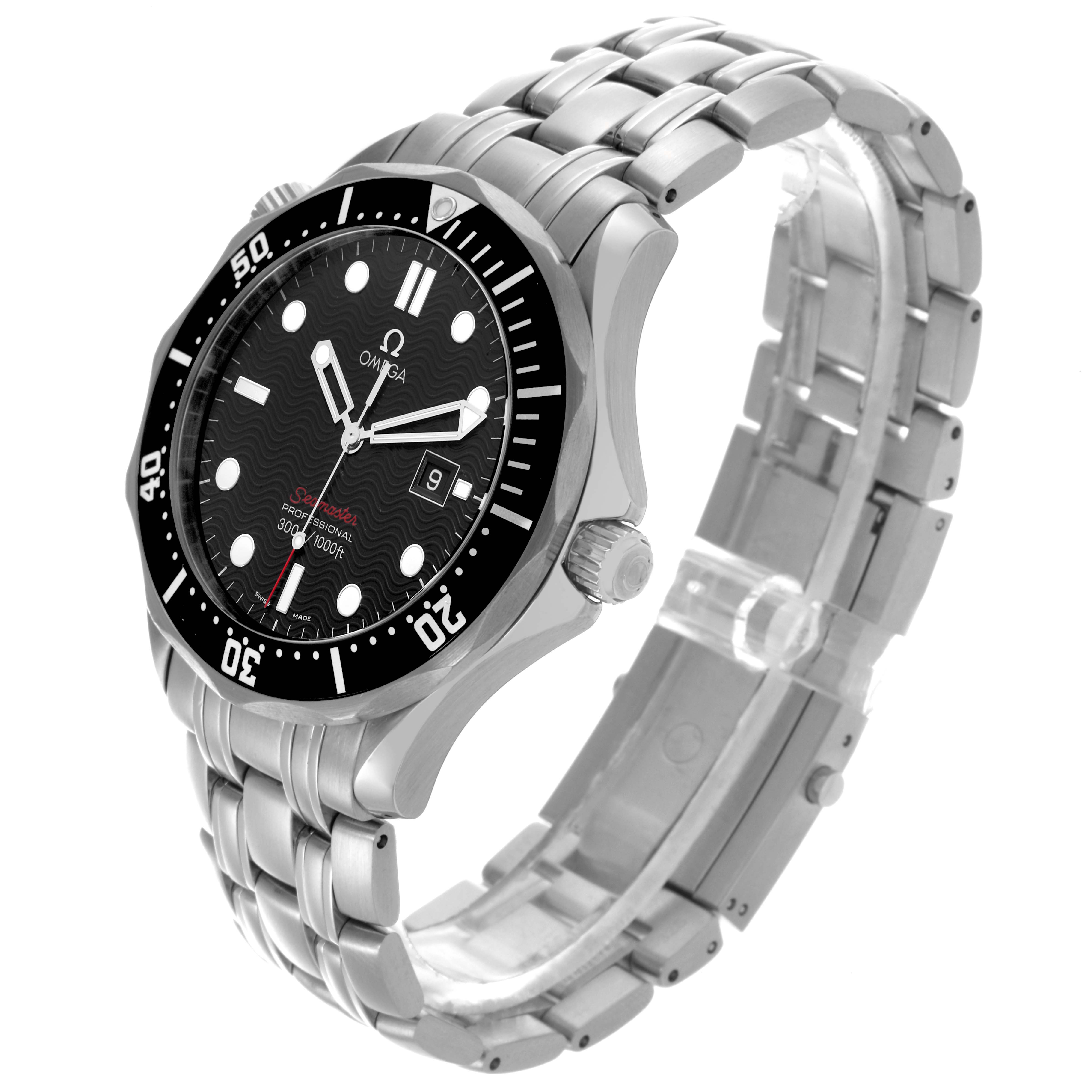 The Omega Seamaster 212.30.41.61.01.001 Men
s Stainless Steel Black Dial 212.30.41.61.01.001 Men
s Stainless Steel Black Dial watch is shown at a three-quarter angle, highlighting the face, bezel, crown, and metal bracelet.