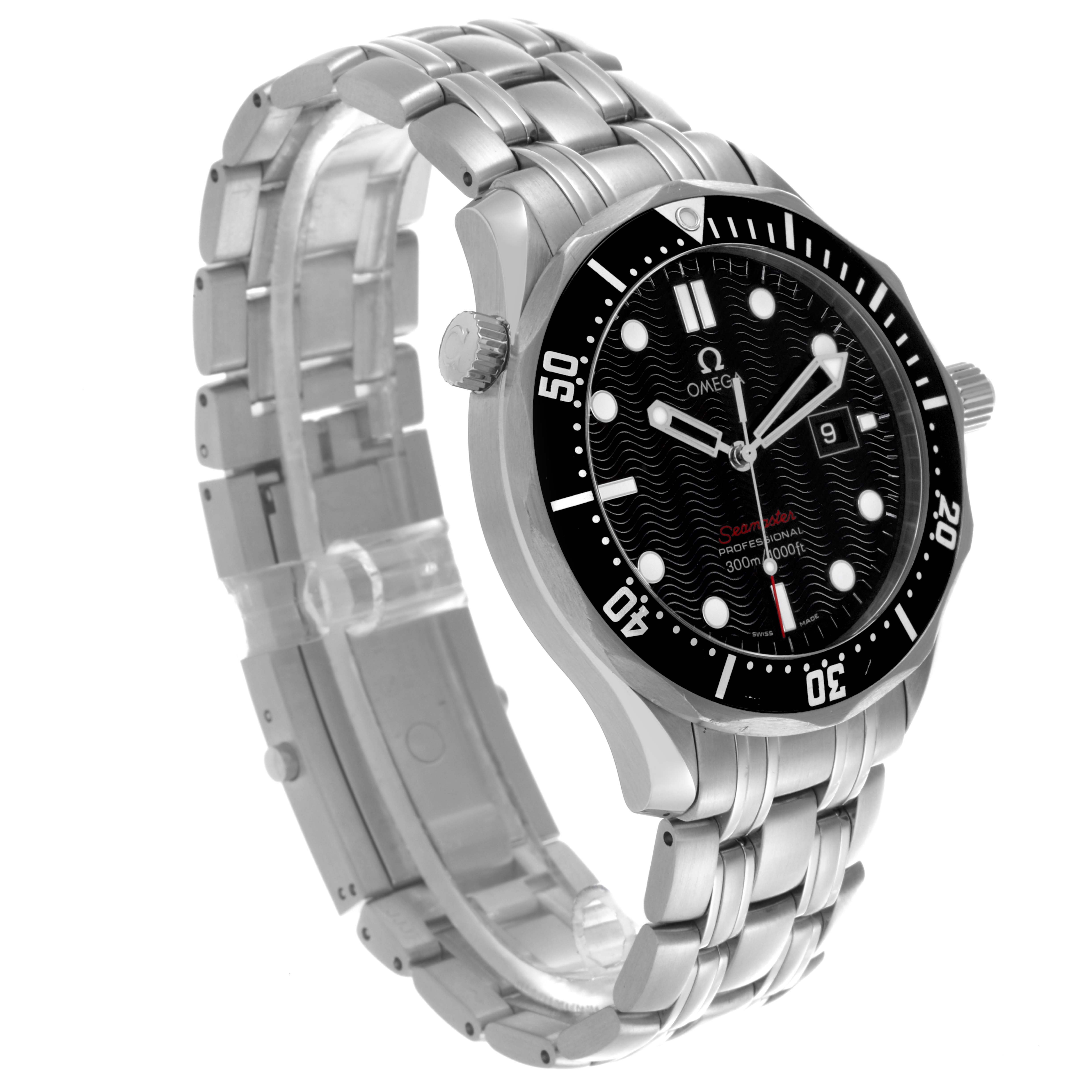 The Omega Seamaster 212.30.41.61.01.001 Men
s Stainless Steel Black Dial 212.30.41.61.01.001 Men
s Stainless Steel Black Dial watch is shown at a three-quarter angle, highlighting the face, bezel, crown, and bracelet.