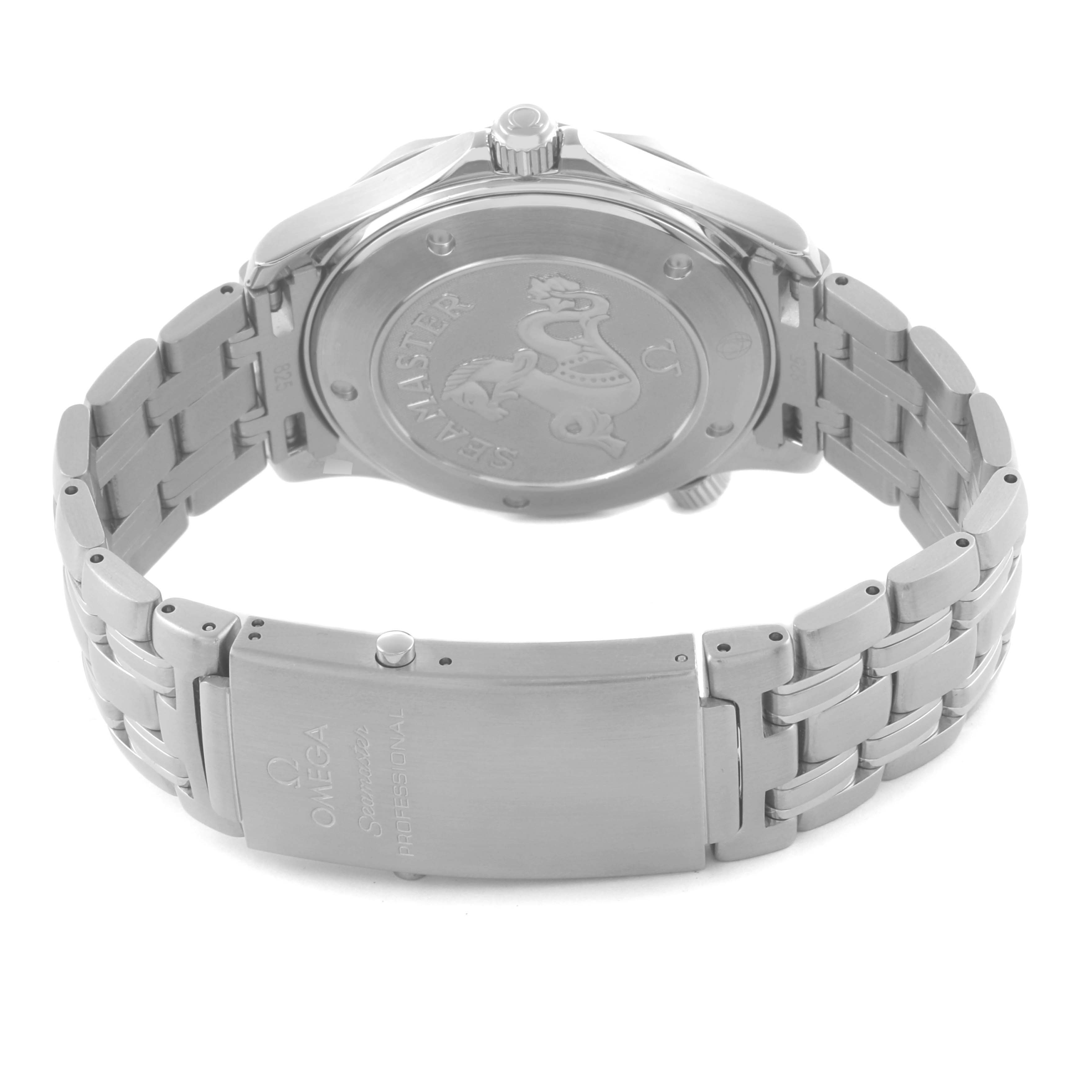 The image shows the back and bracelet clasp of an Omega Seamaster 212.30.41.61.01.001 Men
s Stainless Steel Black Dial 212.30.41.61.01.001 Men
s Stainless Steel Black Dial watch.