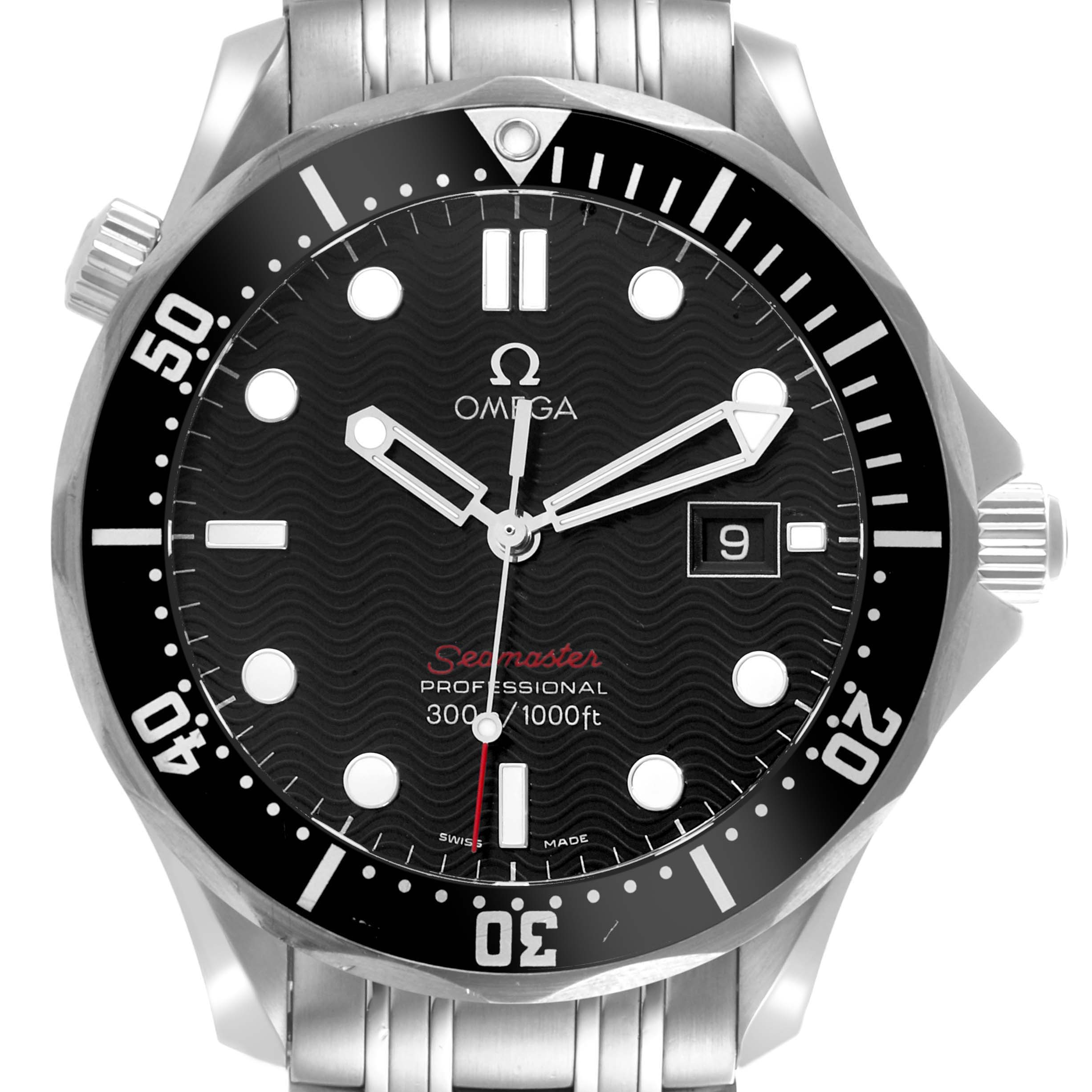 The Omega Seamaster 212.30.41.61.01.001 Men
s Stainless Steel Black Dial 212.30.41.61.01.001 Men
s Stainless Steel Black Dial watch is shown from the front, displaying its face, bezel, crown, and part of the bracelet.