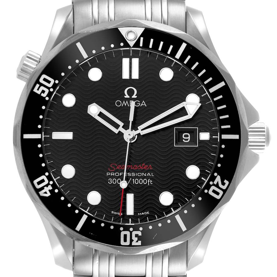 The Omega Seamaster watch is shown from the front, displaying its face, bezel, crown, and part of the bracelet.