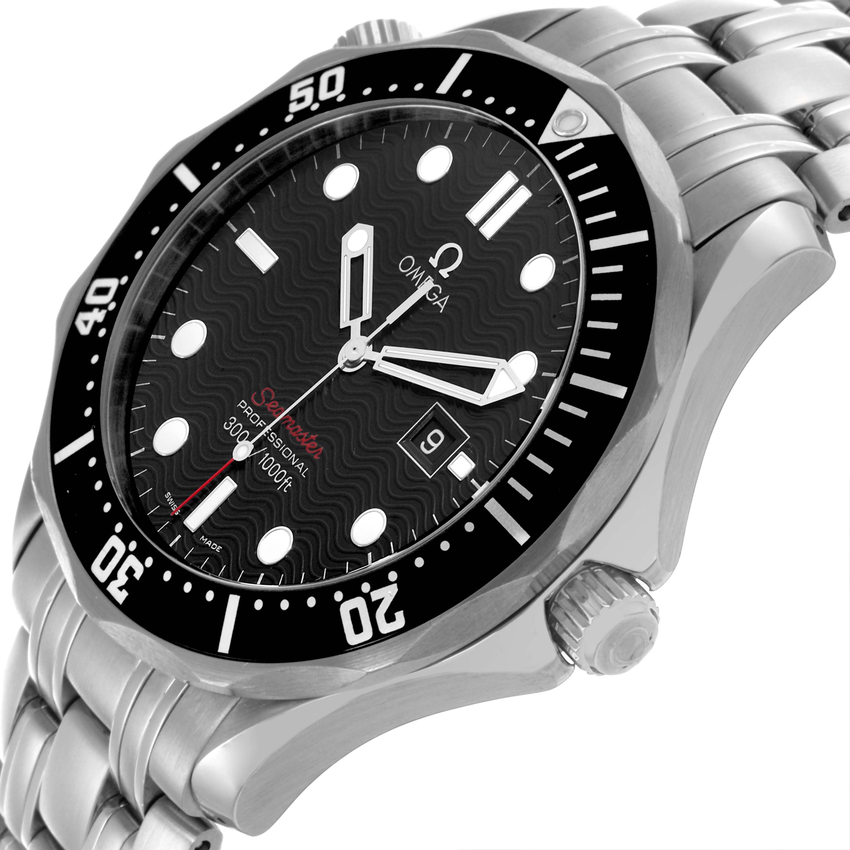 The Omega Seamaster 212.30.41.61.01.001 Men
s Stainless Steel Black Dial 212.30.41.61.01.001 Men
s Stainless Steel Black Dial watch is shown at an angle highlighting the bezel, face, bracelet, and crown.
