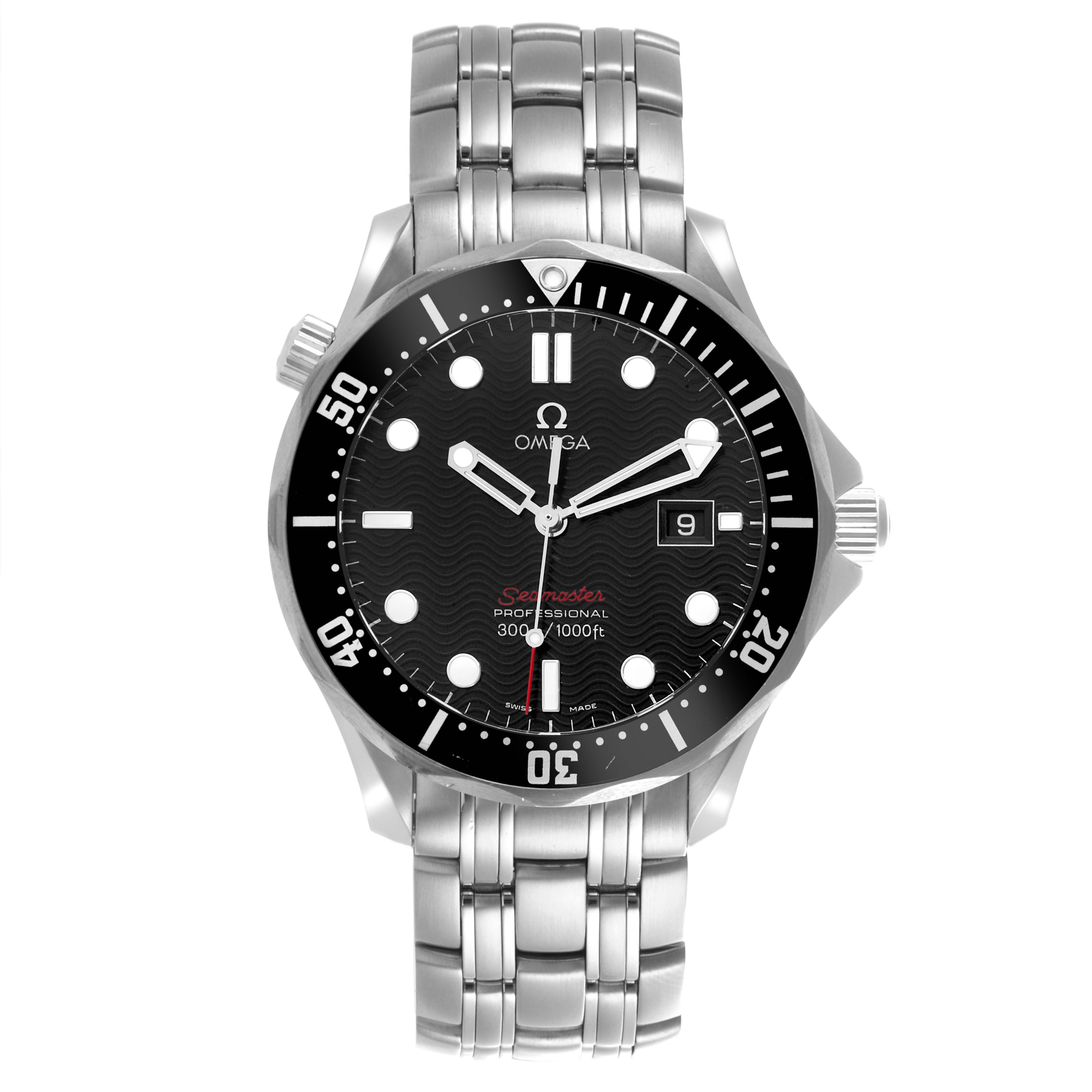 The Omega Seamaster 212.30.41.61.01.001 Men
s Stainless Steel Black Dial 212.30.41.61.01.001 Men
s Stainless Steel Black Dial watch is shown from the front, displaying the face, bezel, and stainless steel bracelet.