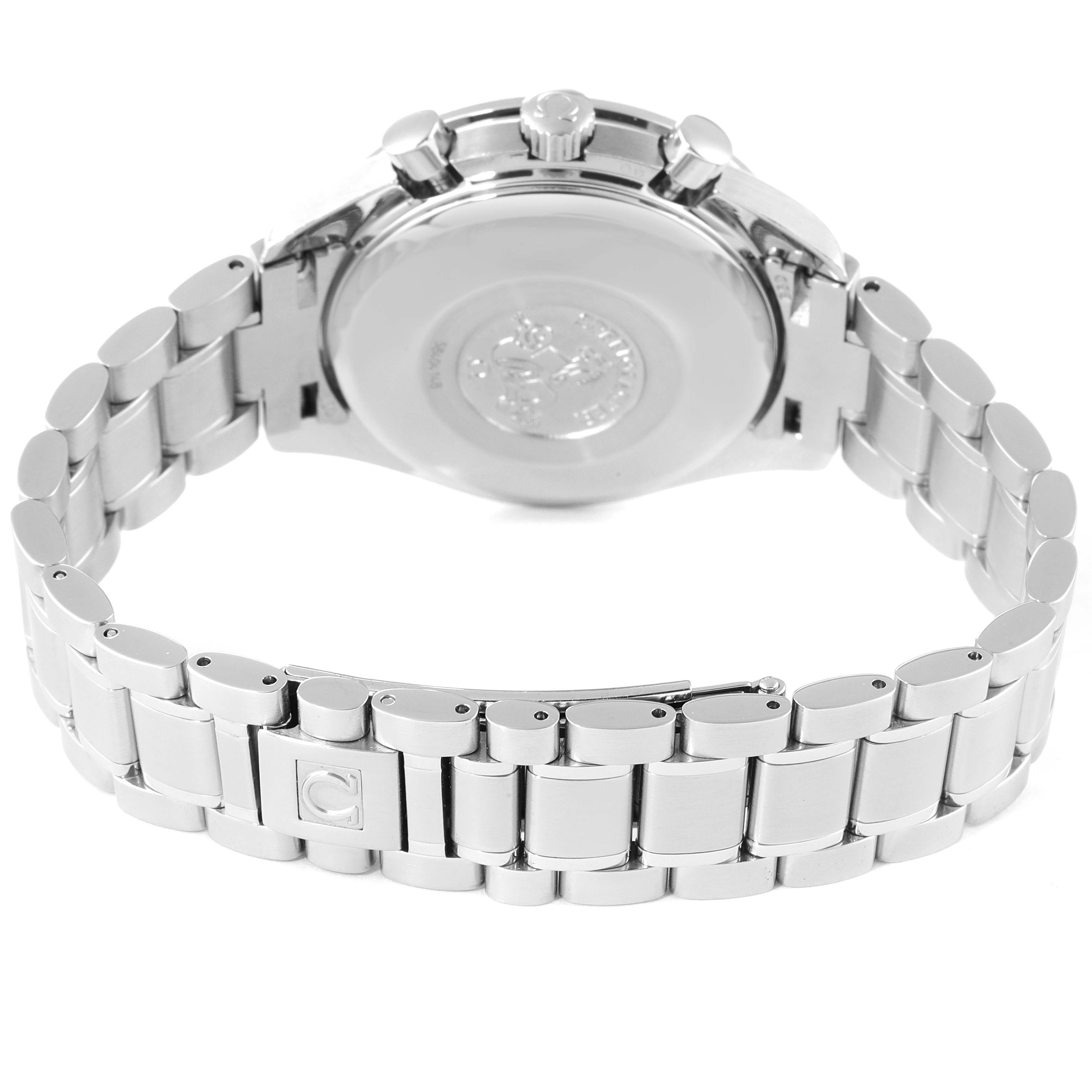 This image shows the back and bracelet of an Omega Speedmaster 3513.50.00 Men's Stainless Steel Black Dial 3513.50.00 Men's Stainless Steel Black Dial watch from a rear angle.