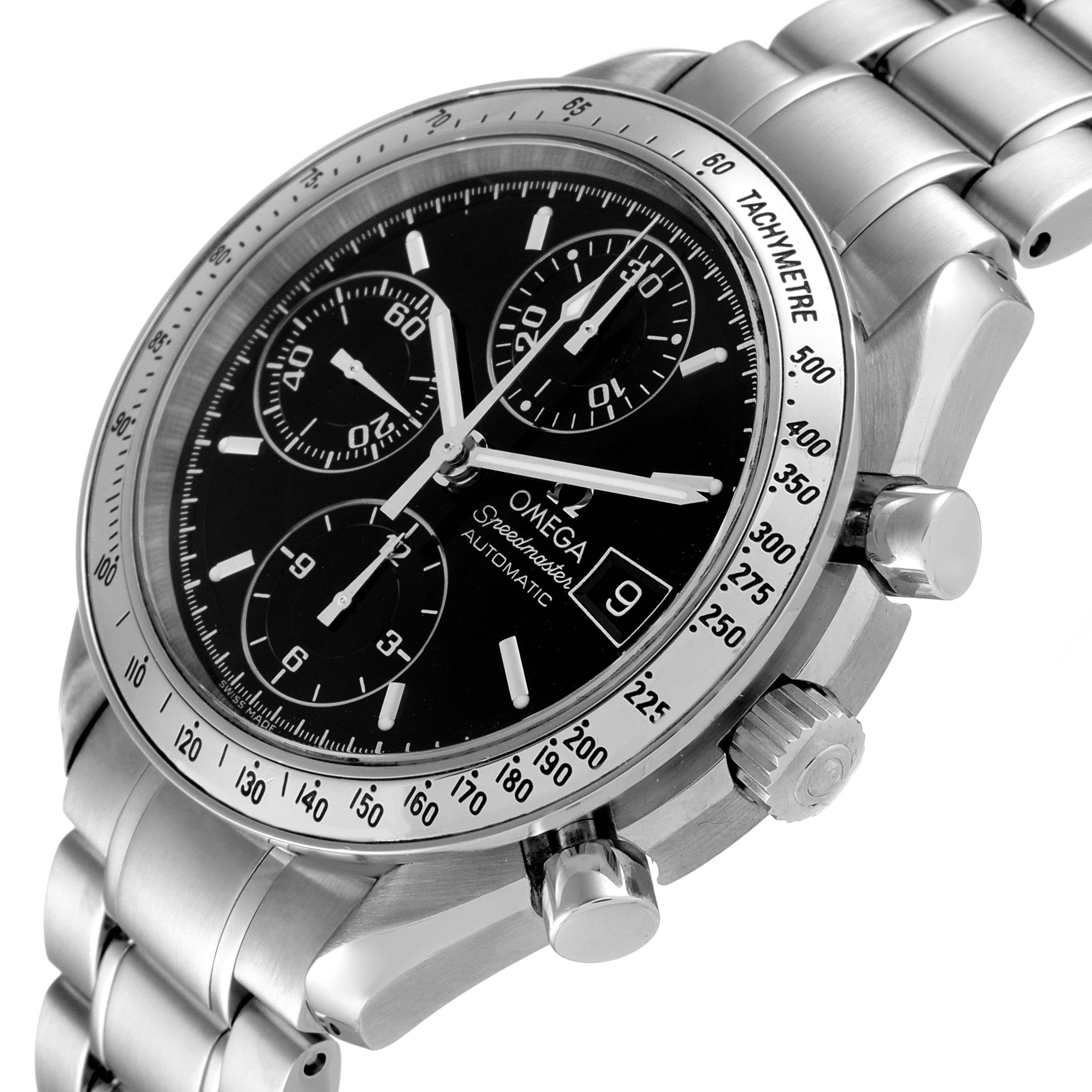 The Omega Speedmaster 3513.50.00 Men's Stainless Steel Black Dial 3513.50.00 Men's Stainless Steel Black Dial watch is shown from an angle highlighting the face, bezel, crown, push buttons, and bracelet.