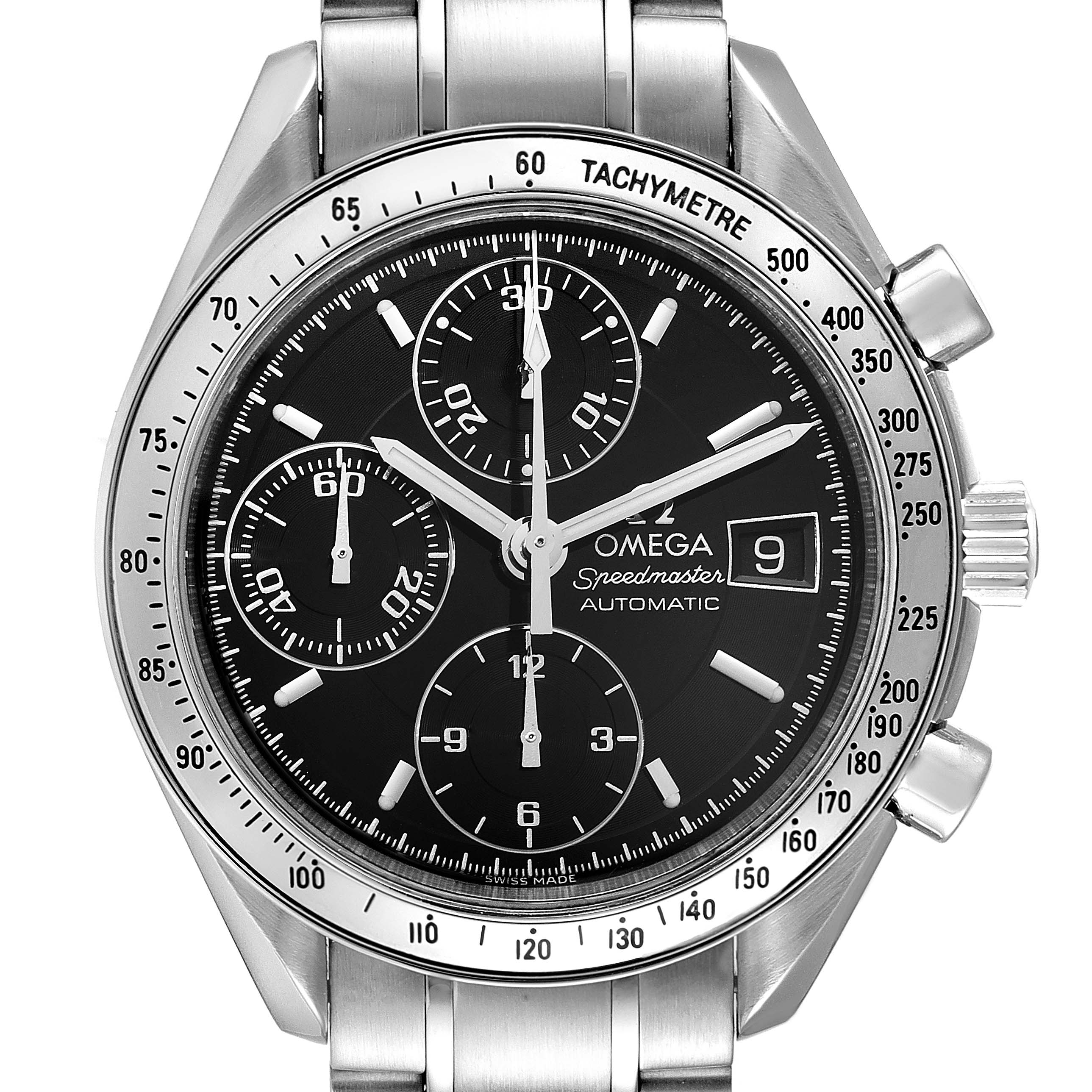 The image shows a front view of an Omega Speedmaster 3513.50.00 Men's Stainless Steel Black Dial 3513.50.00 Men's Stainless Steel Black Dial watch, highlighting the face, tachymeter bezel, and stainless steel bracelet.
