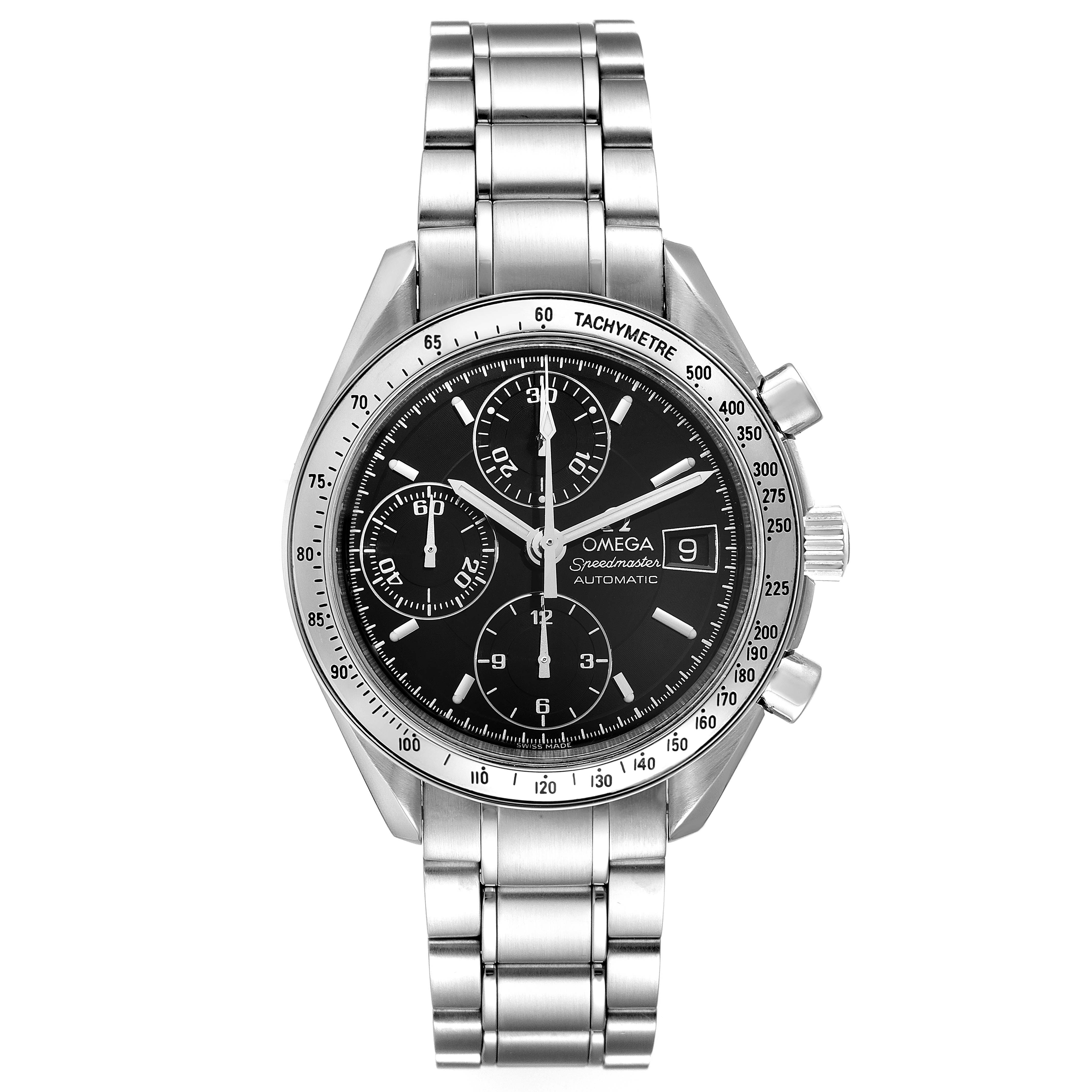 This image shows a full frontal view of an Omega Speedmaster 3513.50.00 Men's Stainless Steel Black Dial 3513.50.00 Men's Stainless Steel Black Dial watch, featuring the stainless steel bracelet and chronograph dials.