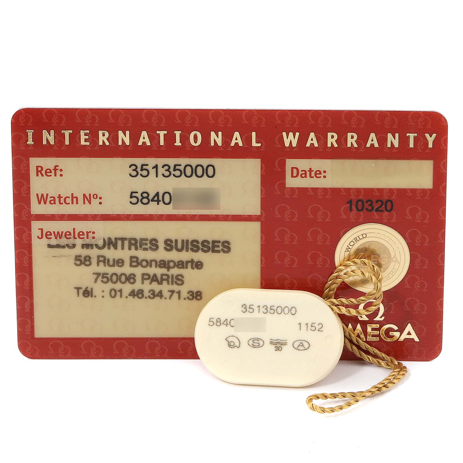 The image shows the International Warranty card and tag for an Omega Speedmaster 3513.50.00 Men's Stainless Steel Black Dial 3513.50.00 Men's Stainless Steel Black Dial model, displaying reference, watch number, and jeweler information.