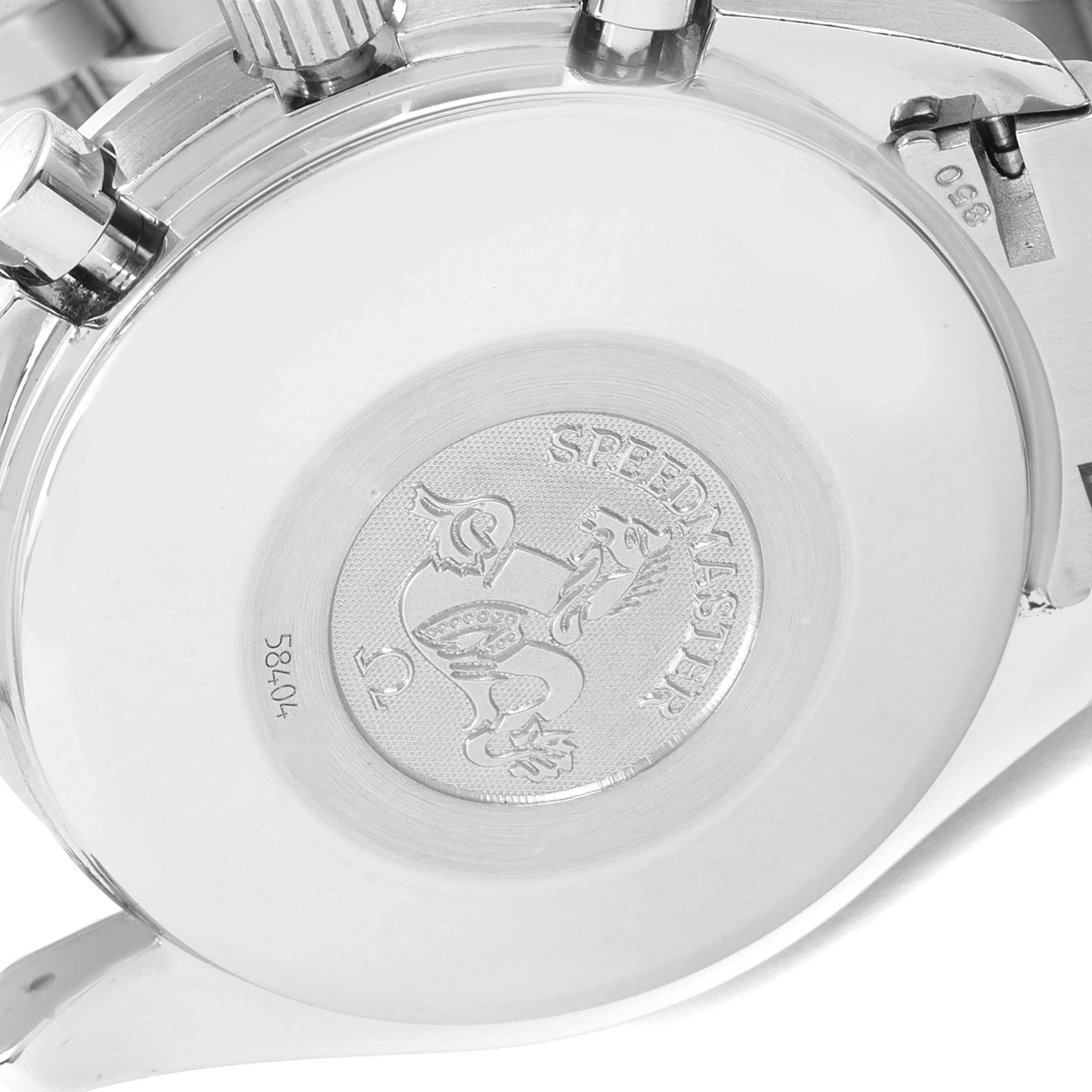 The image shows the case back and crown side of an Omega Speedmaster 3513.50.00 Men's Stainless Steel Black Dial 3513.50.00 Men's Stainless Steel Black Dial watch, highlighting the logo and engravings.