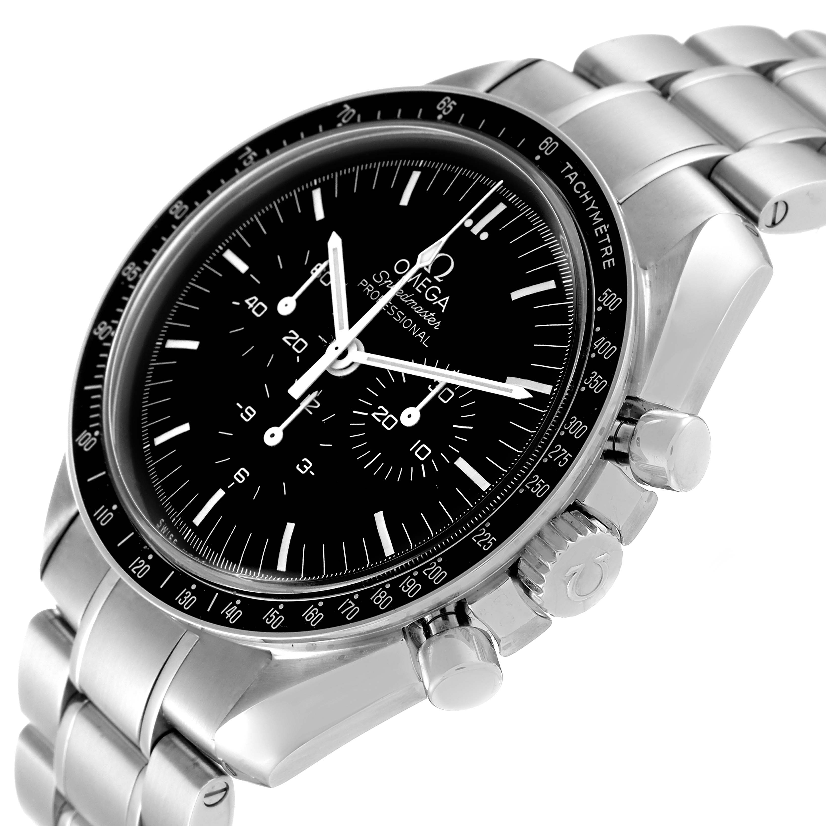 The image shows a side angle of an Omega Speedmaster 311.30.42.30.01.005 Men's Stainless Steel Black Dial 311.30.42.30.01.005 Men's Stainless Steel Black Dial watch, focusing on the case, dial, and bracelet.