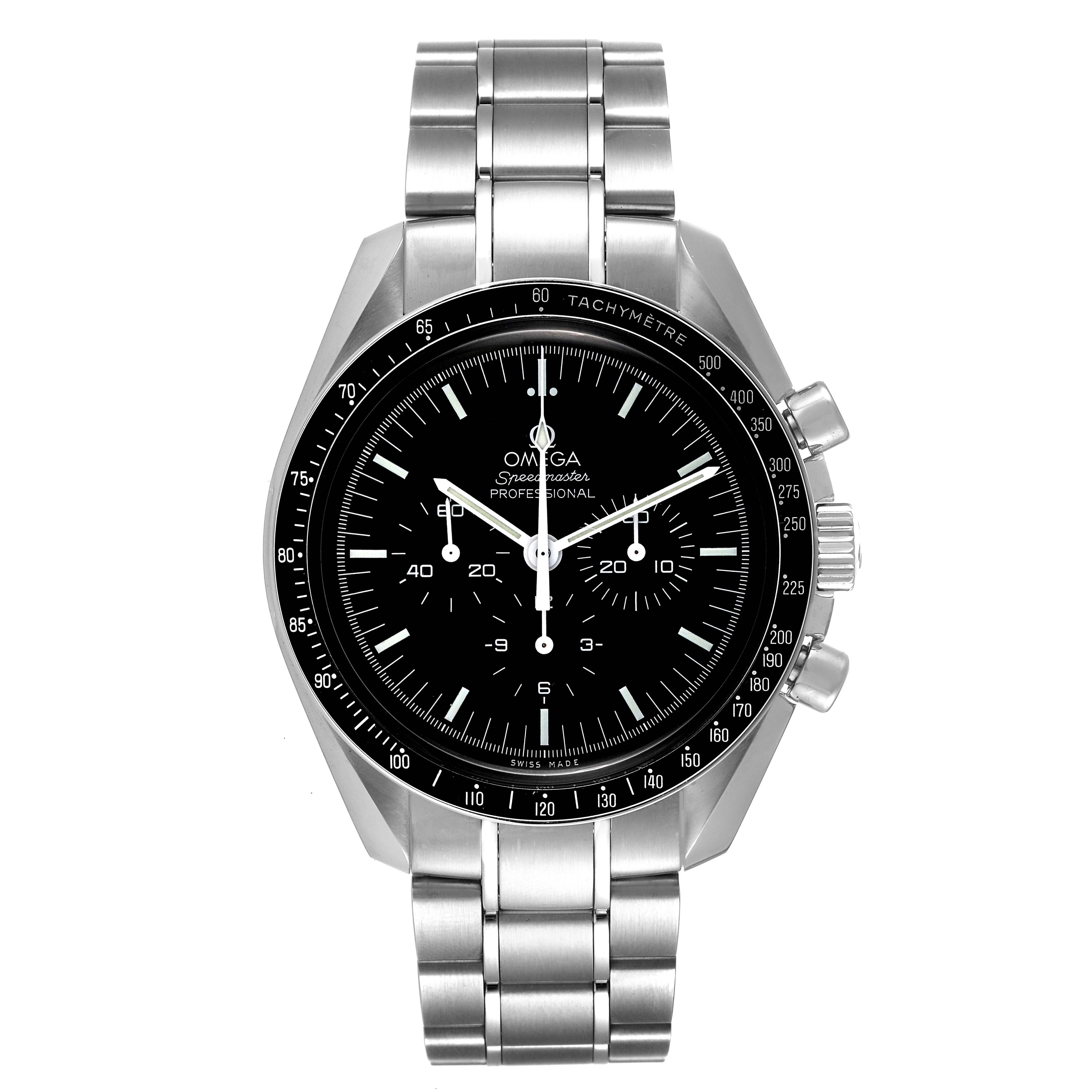 The image shows a front view of an Omega Speedmaster 311.30.42.30.01.005 Men's Stainless Steel Black Dial 311.30.42.30.01.005 Men's Stainless Steel Black Dial watch, featuring its dial, bezel, crown, pushers, and metal bracelet.
