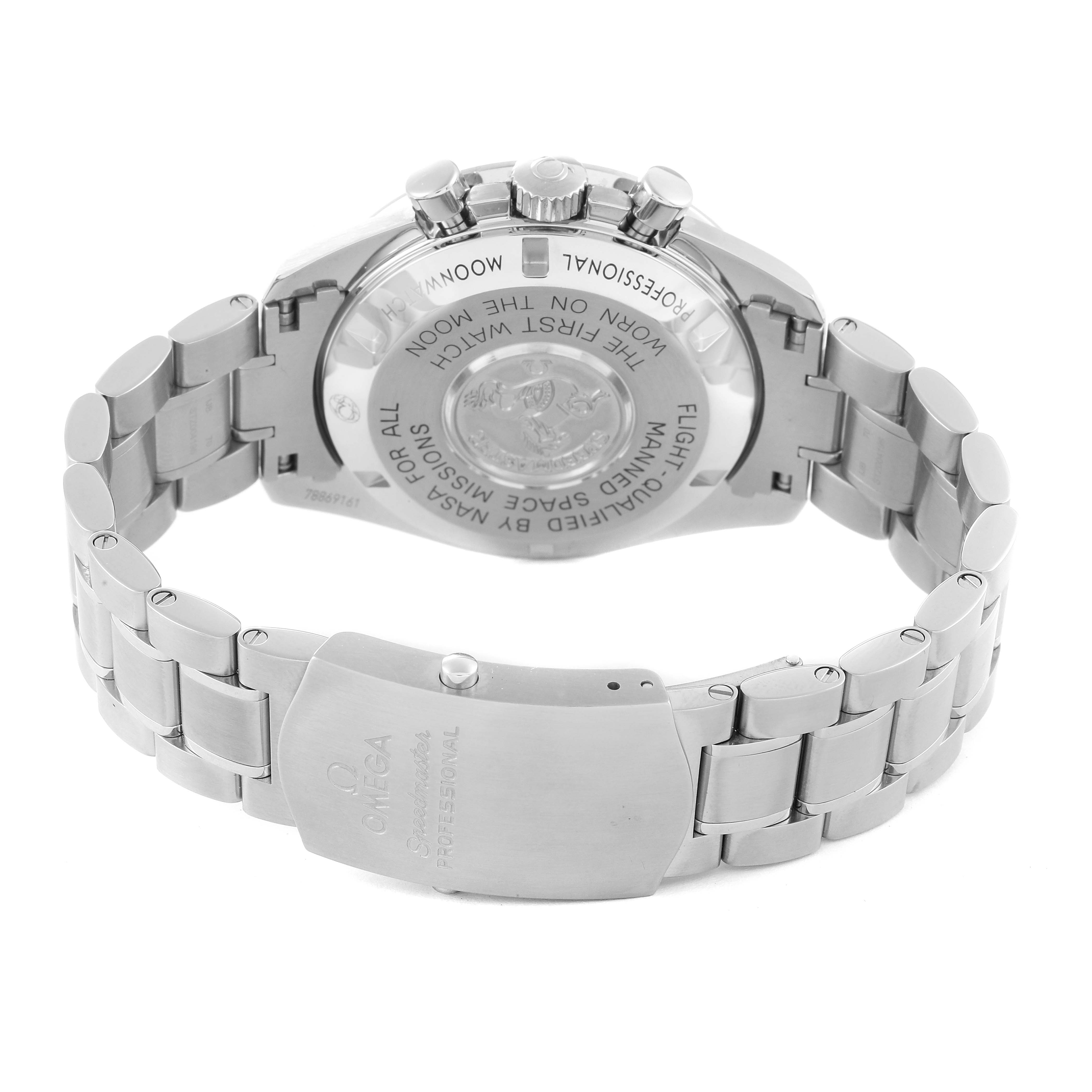 The image shows the back case and bracelet of an Omega Speedmaster 311.30.42.30.01.005 Men's Stainless Steel Black Dial 311.30.42.30.01.005 Men's Stainless Steel Black Dial watch from a rear angle.