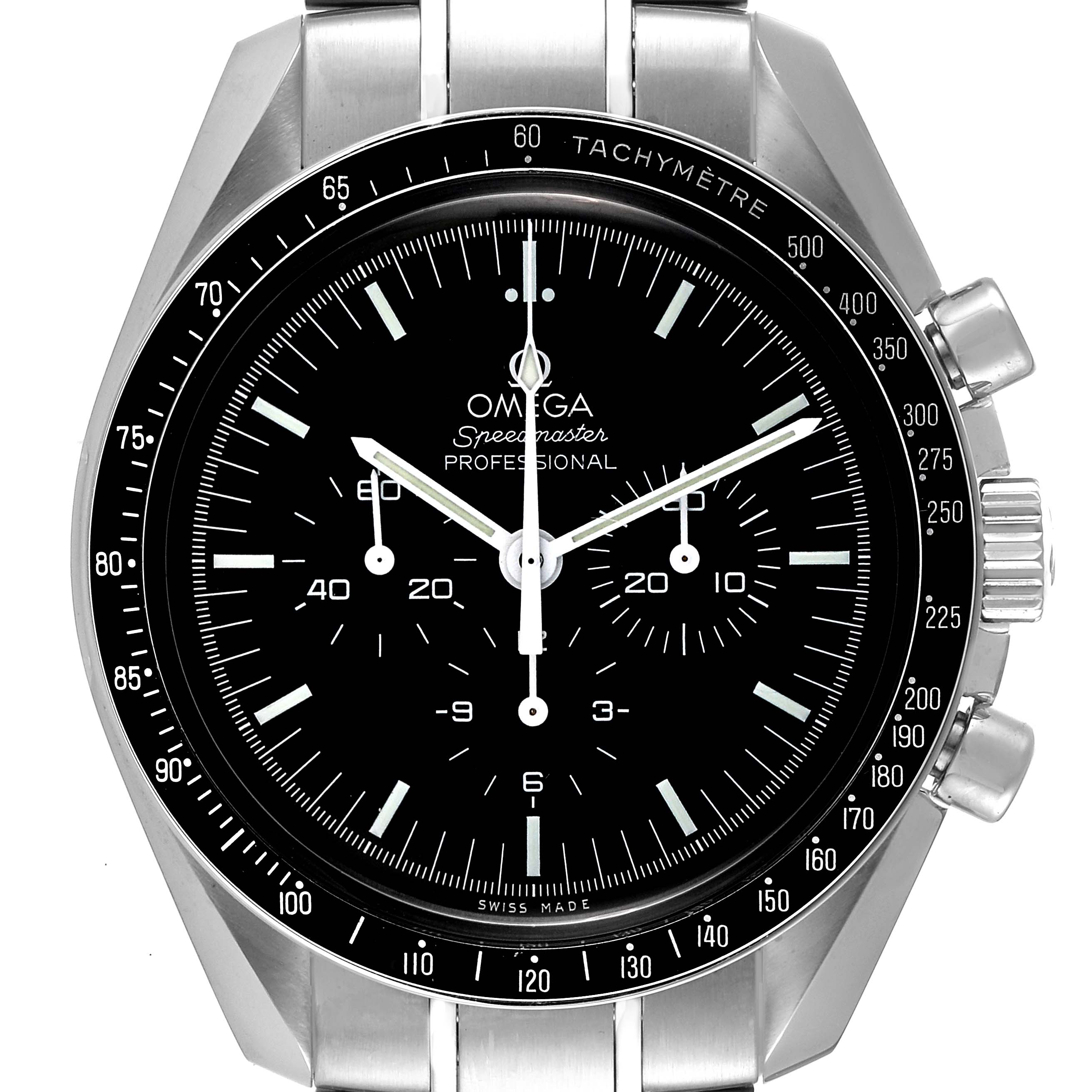 This image shows a frontal view of the Omega Speedmaster 311.30.42.30.01.005 Men's Stainless Steel Black Dial 311.30.42.30.01.005 Men's Stainless Steel Black Dial watch, highlighting its dial, bezel, and bracelet.
