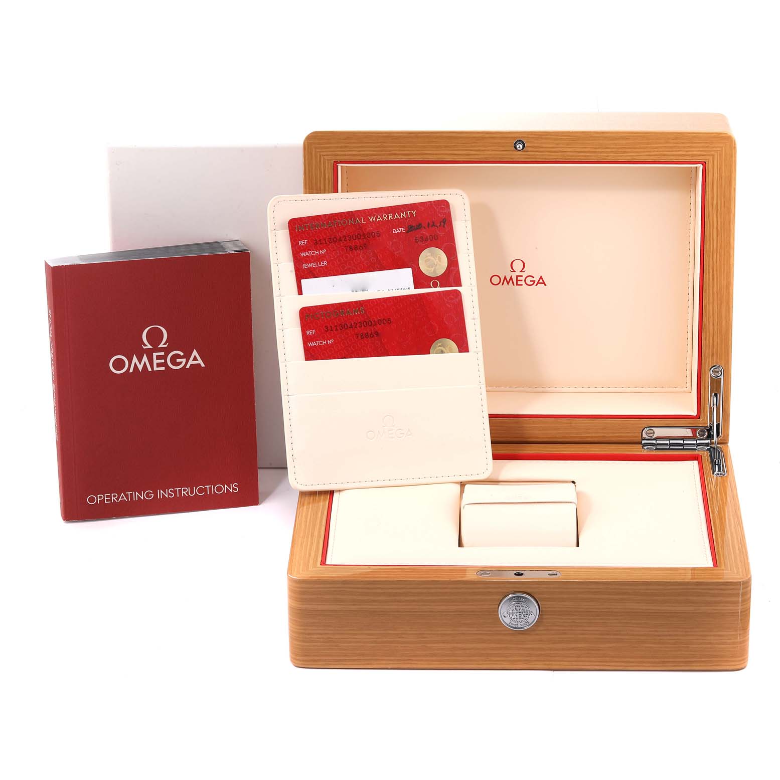 This image shows the Omega Speedmaster 311.30.42.30.01.005 Men's Stainless Steel Black Dial 311.30.42.30.01.005 Men's Stainless Steel Black Dial watch box, warranty cards, and operating instructions.